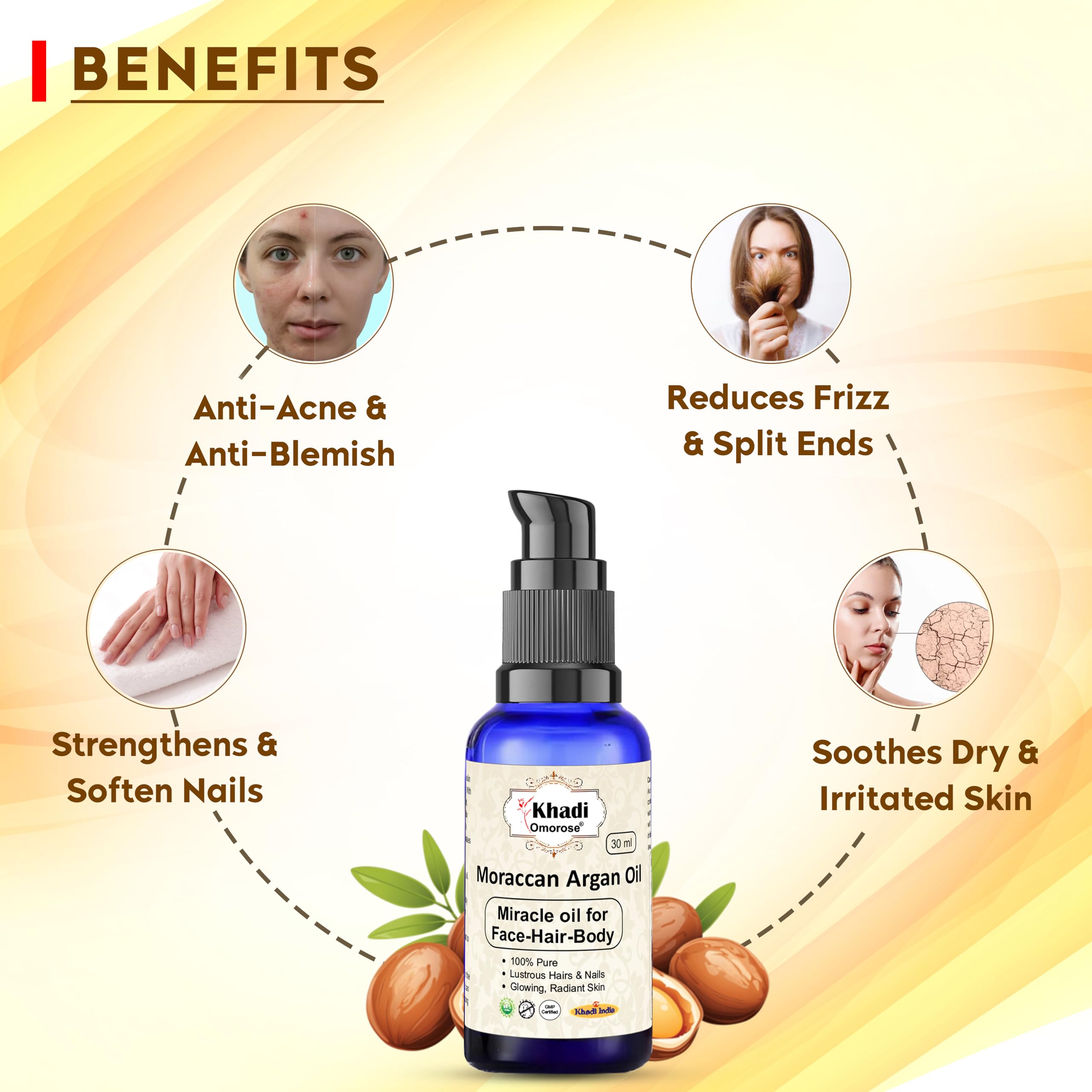 Organic Cold Pressed Khadi Omorose Moroccan Argan Oil - 30ml for Skin, Hair & Anti-Aging Face Care - Perfect for Daily Moisturizing, Hair Repair & Youthful Glow