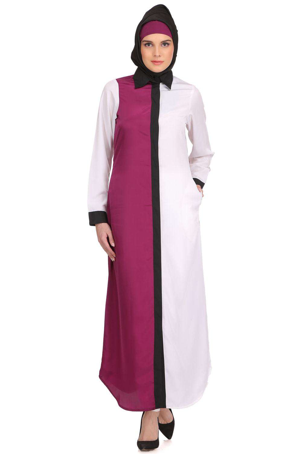 Elegant White & Wine Crepe Short Abaya Dress - Modest Muslim Fashion for Women | Perfect for Eid, Weddings & Special Occasions