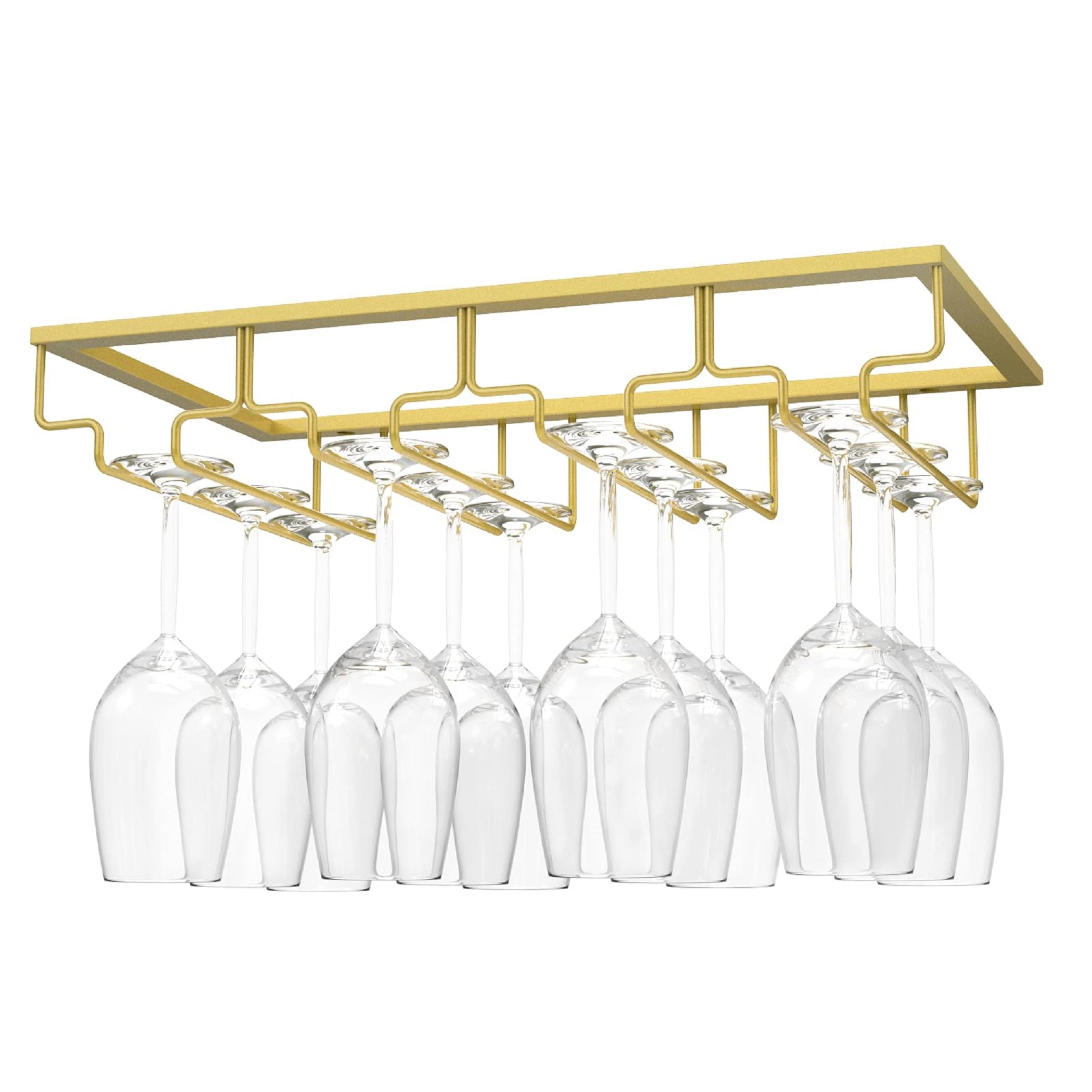 Nuovoware 4-Tier Under Cabinet Wine Glass Holder - Metal Stemware Rack Organizer for Bar & Kitchen Storage (Nano Gold) - Perfect for Hanging Wine Glasses, Champagne Flutes & Cocktail Cups in Home Bars, Restaurants & Wine Cellars