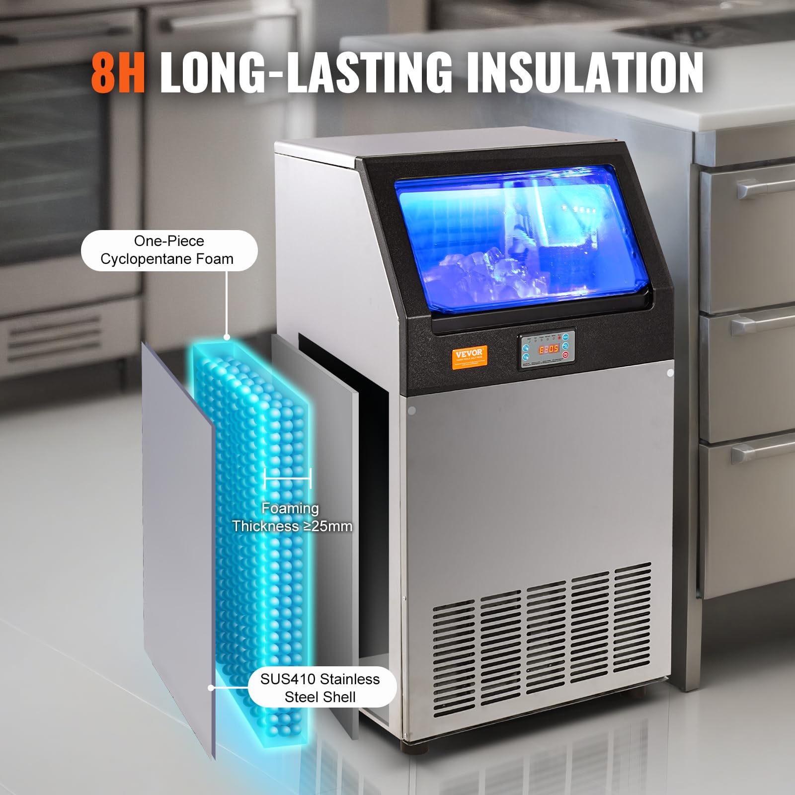 VEVOR Commercial Ice Maker Machine 140LBS/24H with 33LBS Storage - Fast 55 Ice Cubes in 12-15 Mins - Perfect for Bars, Restaurants, Home & Office Use - Ideal for Cocktails, Beverages & Food Preservation