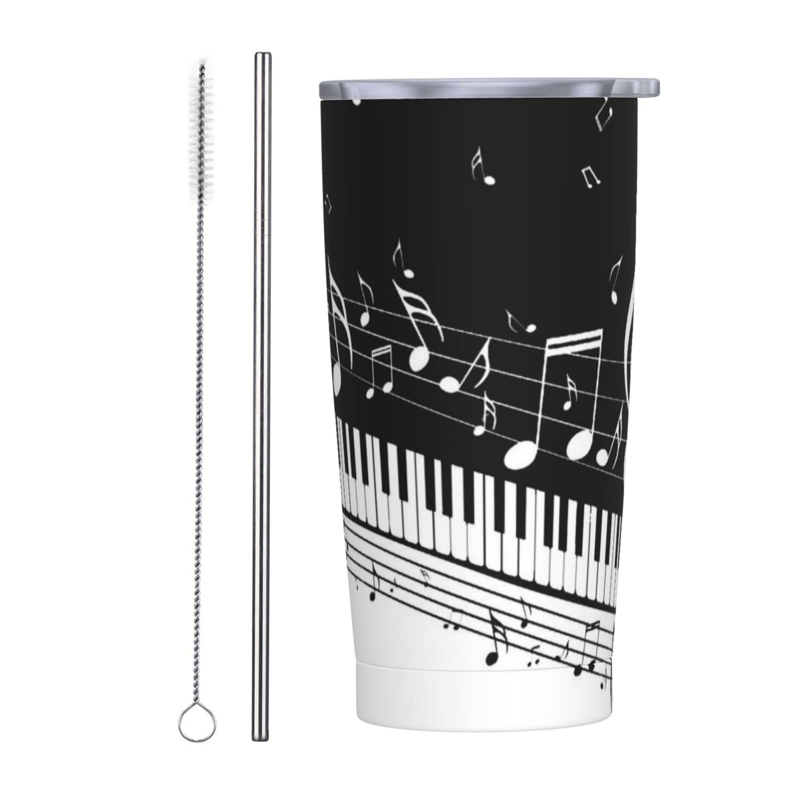 SWEET TANG 20oz Vacuum Insulated Stainless Steel Travel Mug with Lid & Straw - Cute Piano Keys & Musical Notes Design - Leak Proof Coffee Tumbler & Water Bottle for Office, Gym, Travel & Daily Use