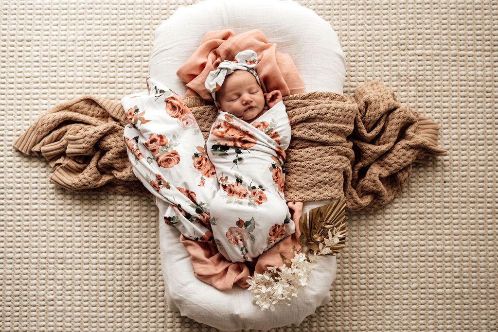 Snuggle Hunny Baby Jersey Wrap & Topknot Set - Soft Cotton Newborn Swaddle Blanket & Headband Outfit for Girls - Perfect for Photography, Baby Shower Gifts & Nursery Essentials