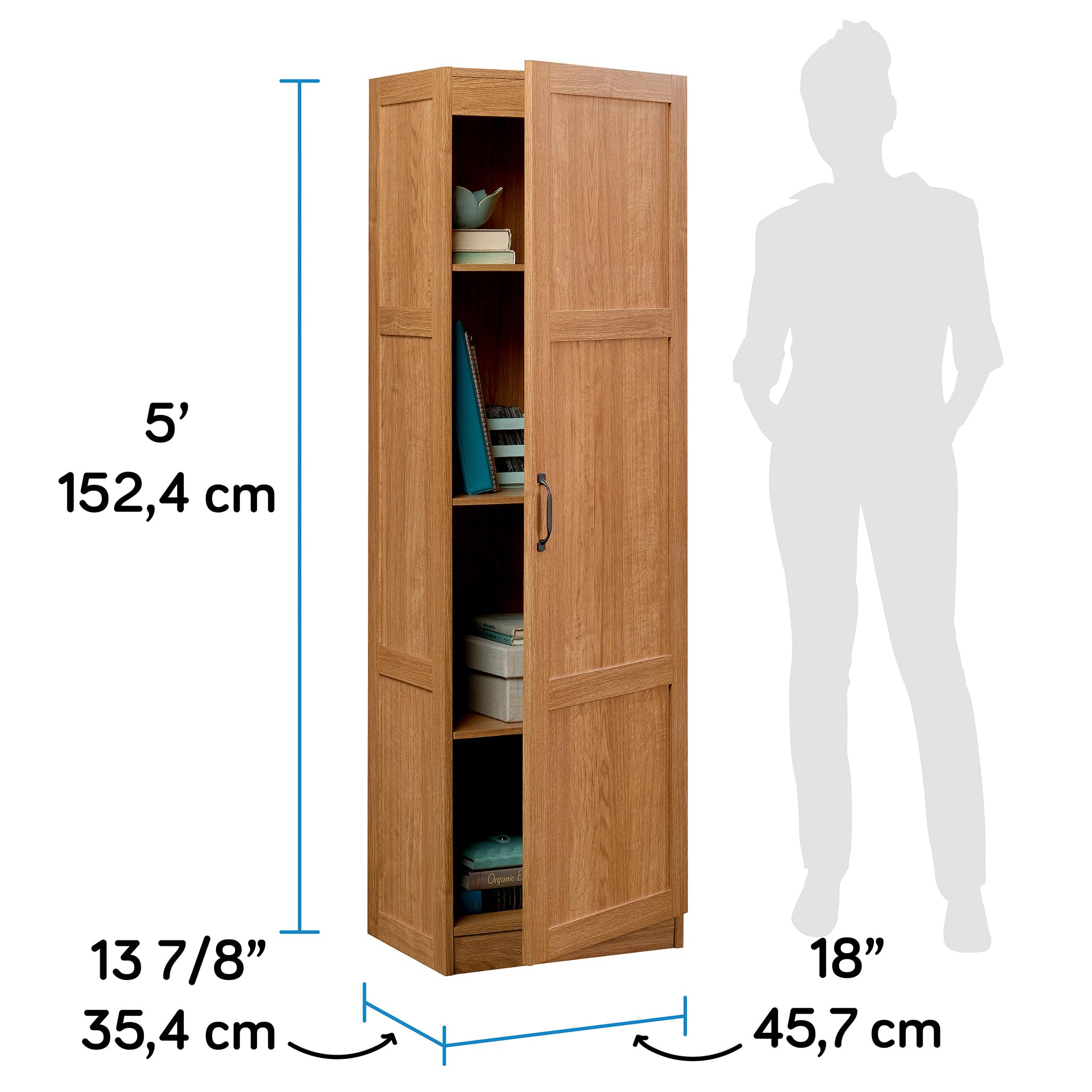 Sauder Storage Cabinet with Adjustable Shelves - Highland Oak Finish Pantry Organizer for Kitchen, Bathroom, or Office Use