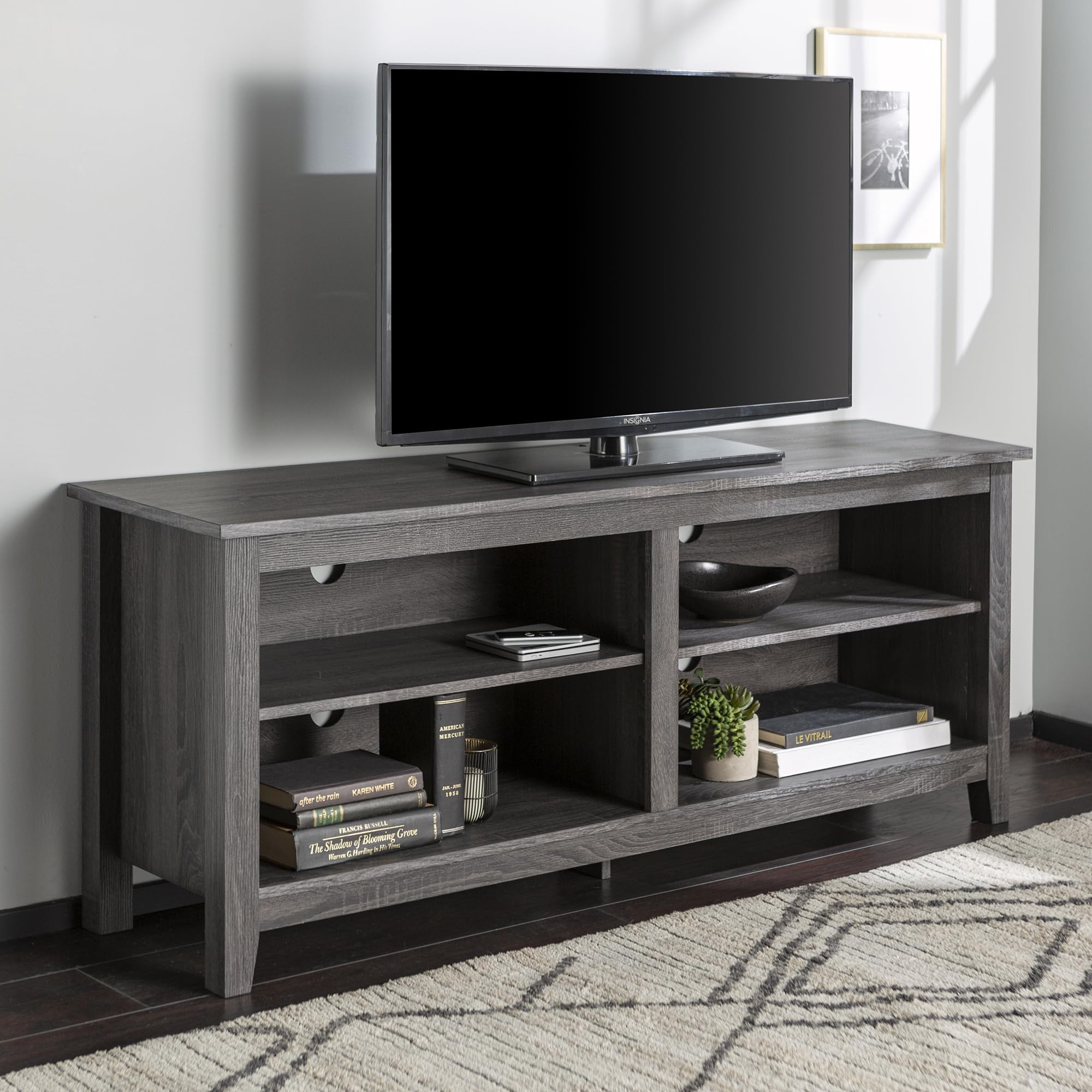 Walker Edison Wren Classic 4-Cubby TV Stand for 58-65 Inch TVs - Charcoal Finish - Perfect for Living Room, Bedroom & Home Theater Setup