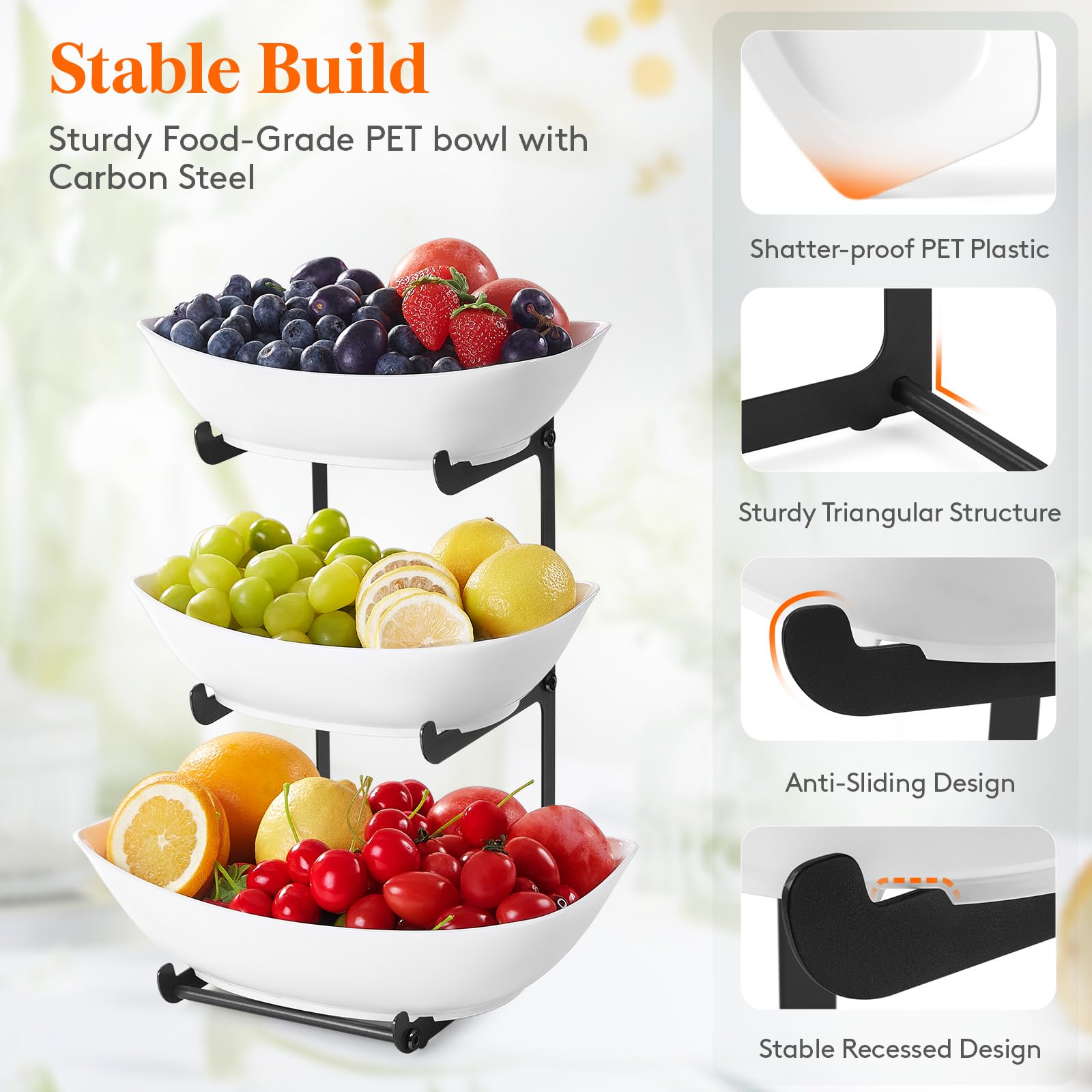 3-Tier Plastic Fruit Bowl Basket with Black Metal Stand - Kitchen Countertop Organizer for Fruits, Vegetables, Cakes & Desserts | Perfect for Party Serving, Home Decor and Dining Table Display
