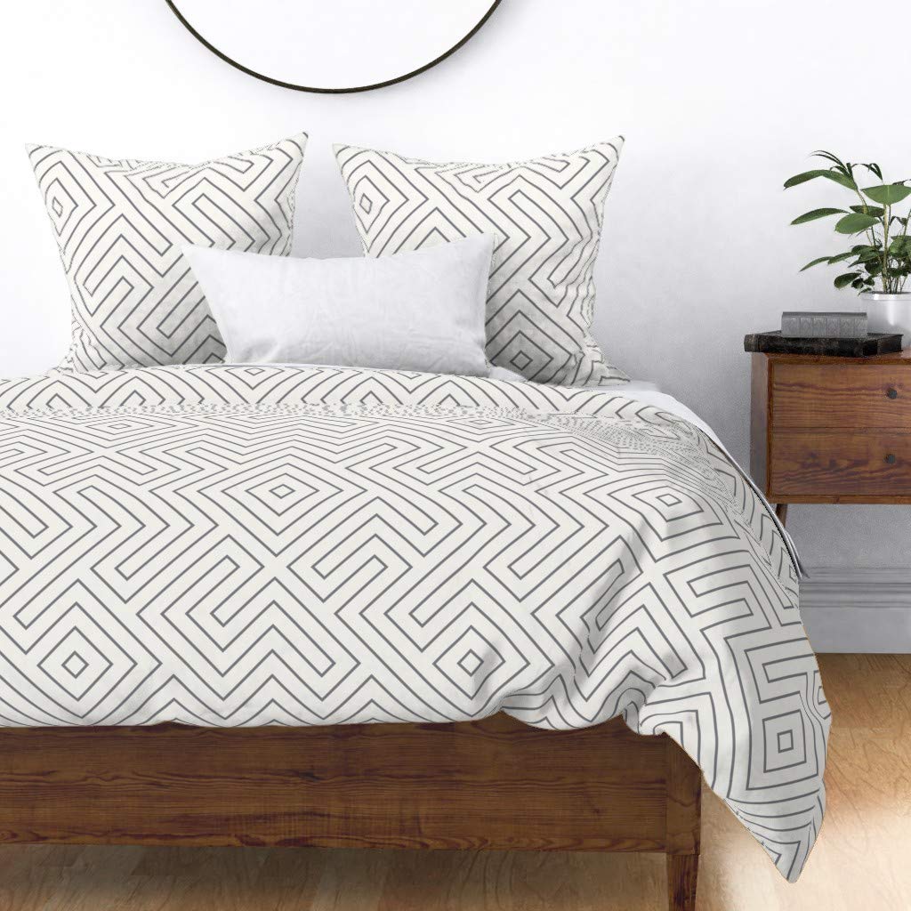 Cotton Sateen Duvet Cover King/California King - Tribal Charcoal Boho Cream Print Custom Bedding Set | Geometric Tile Lines Design | Soft Luxury Bed Sheets for Master Bedroom & Guest Room Decor