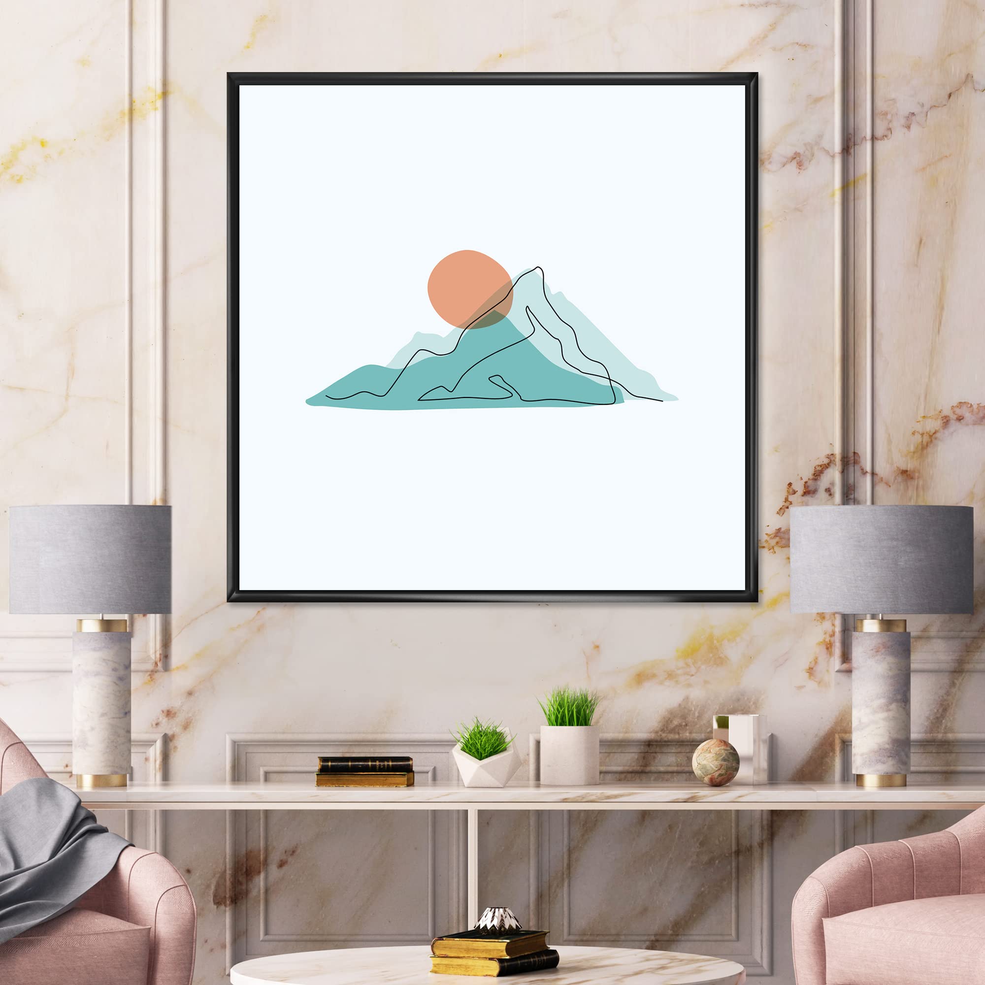 DesignQ Red Moon Over Abstract Blue Mountains II - Modern Framed Canvas Wall Art Print for Living Room, Bedroom & Office Decor