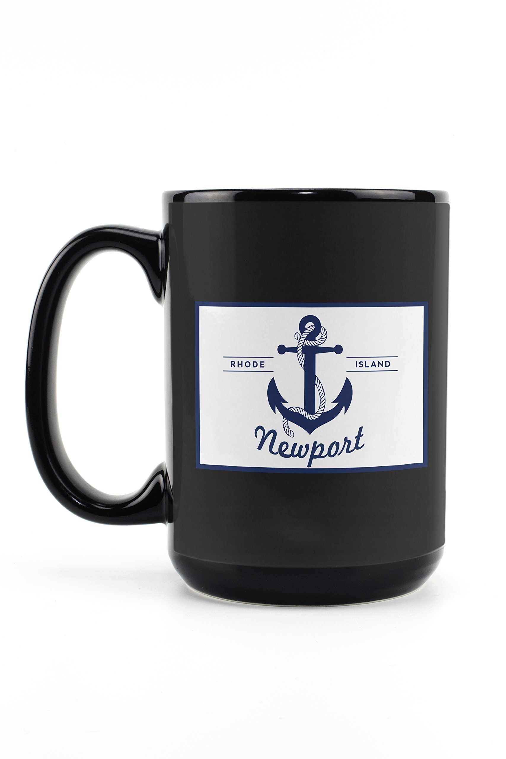 Lantern Press Newport Rhode Island Anchor Design 15oz Black Ceramic Coffee Mug - Microwave & Dishwasher Safe - Perfect for Tea, Office Use & Gift Giving