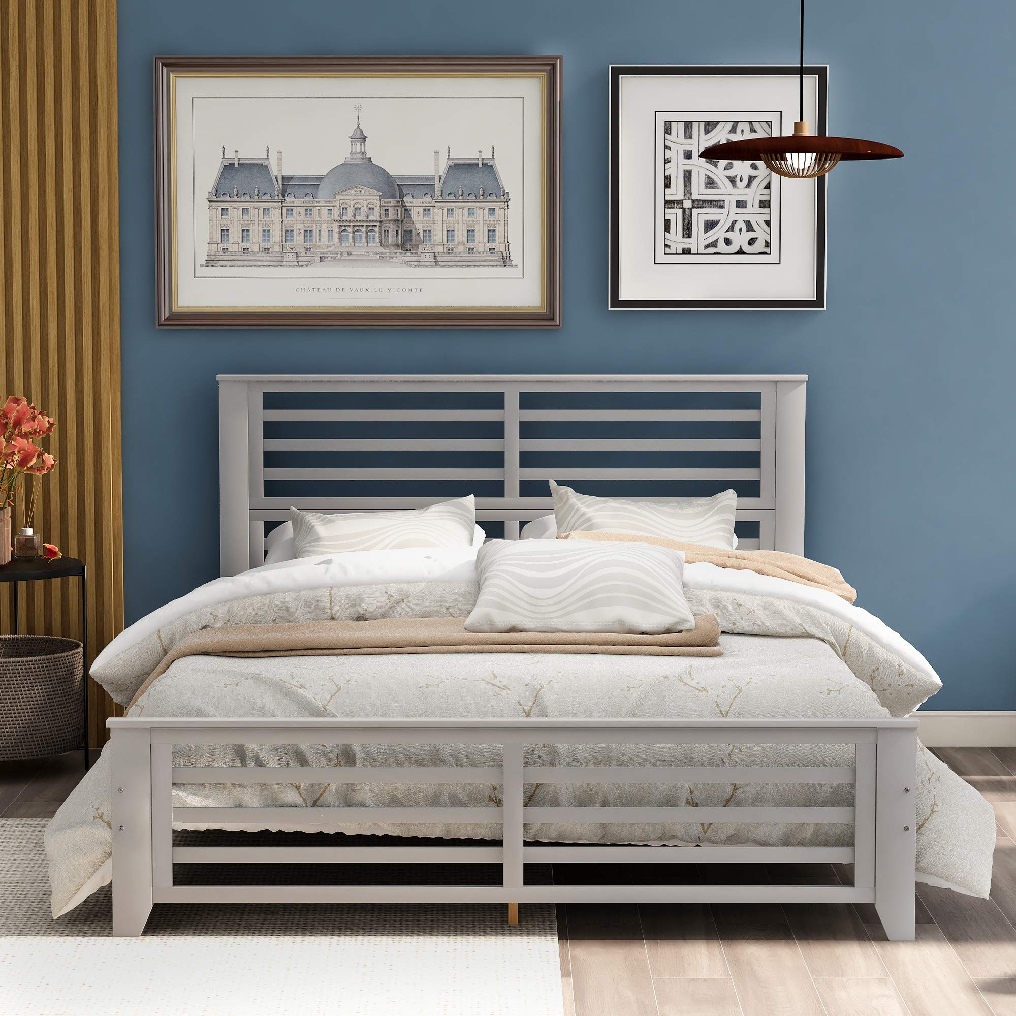 KLMM Solid Wood Platform Bed Frame with Headboard & Footboard - Queen Size, Gray - Heavy Duty Center Support & Wood Slats for Mattress - Easy Assembly for Bedroom, Guest Room, Dorm