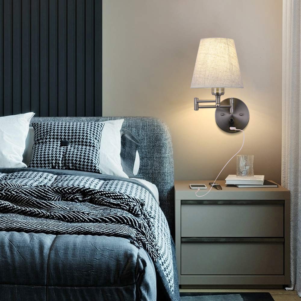 Dimmable Swing Arm Wall Sconce Light with USB Port & Plug-in Cord - Adjustable Fabric Shade Bedside Lamp for Bedroom, Living Room & Hotel - Perfect for Reading, Nightstand Lighting & Cozy Ambience