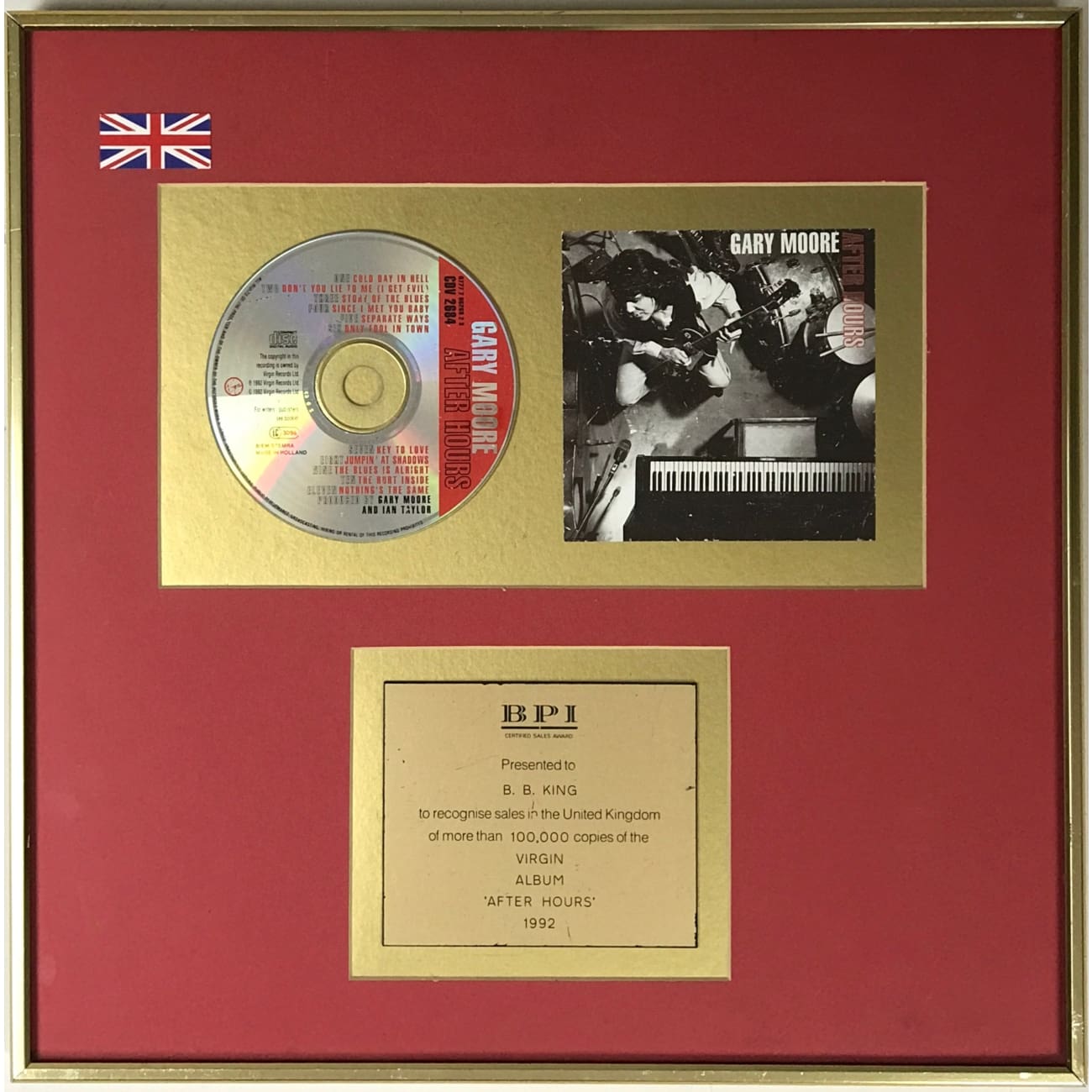 Gary Moore After Hours BPI Gold Album Award Presented to B.B. King - Rare Collectible Music Memorabilia for Blues Fans & Record Collectors