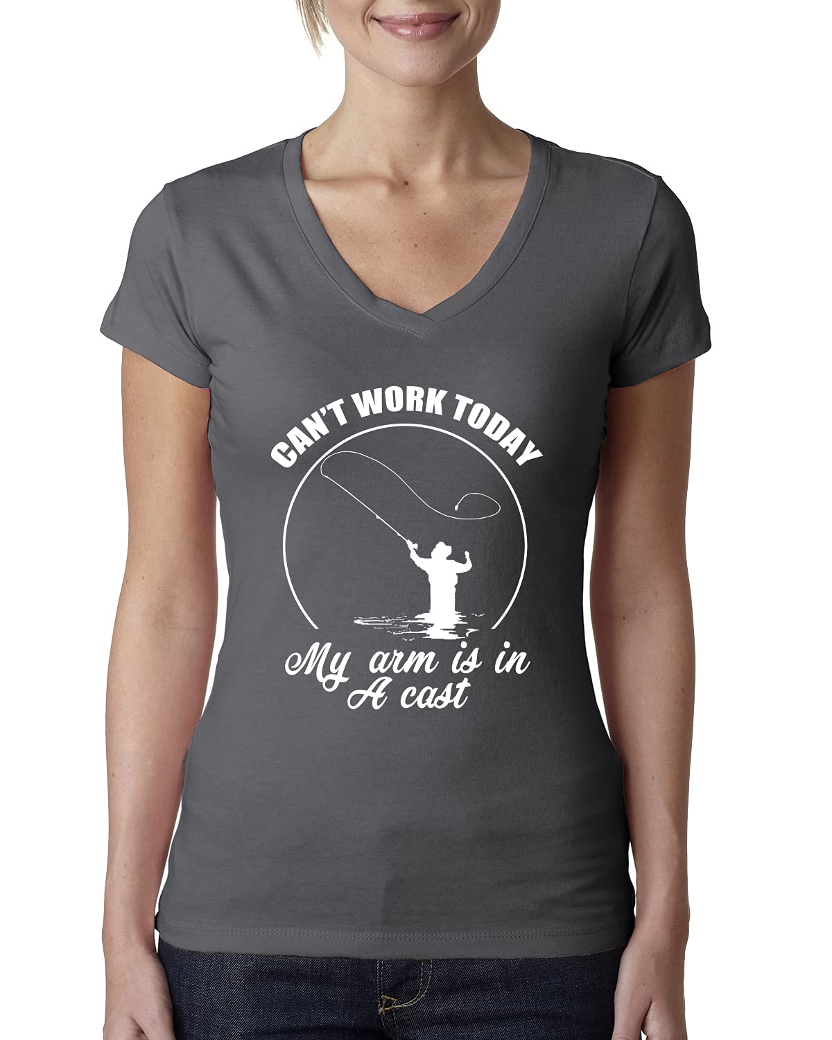 Funny Fishing V-Neck T-Shirt for Women - 'Can't Work Today My Arm is in A Cast' Graphic Tee - Junior Fit Casual Top for Fishing Enthusiasts & Outdoor Activities
