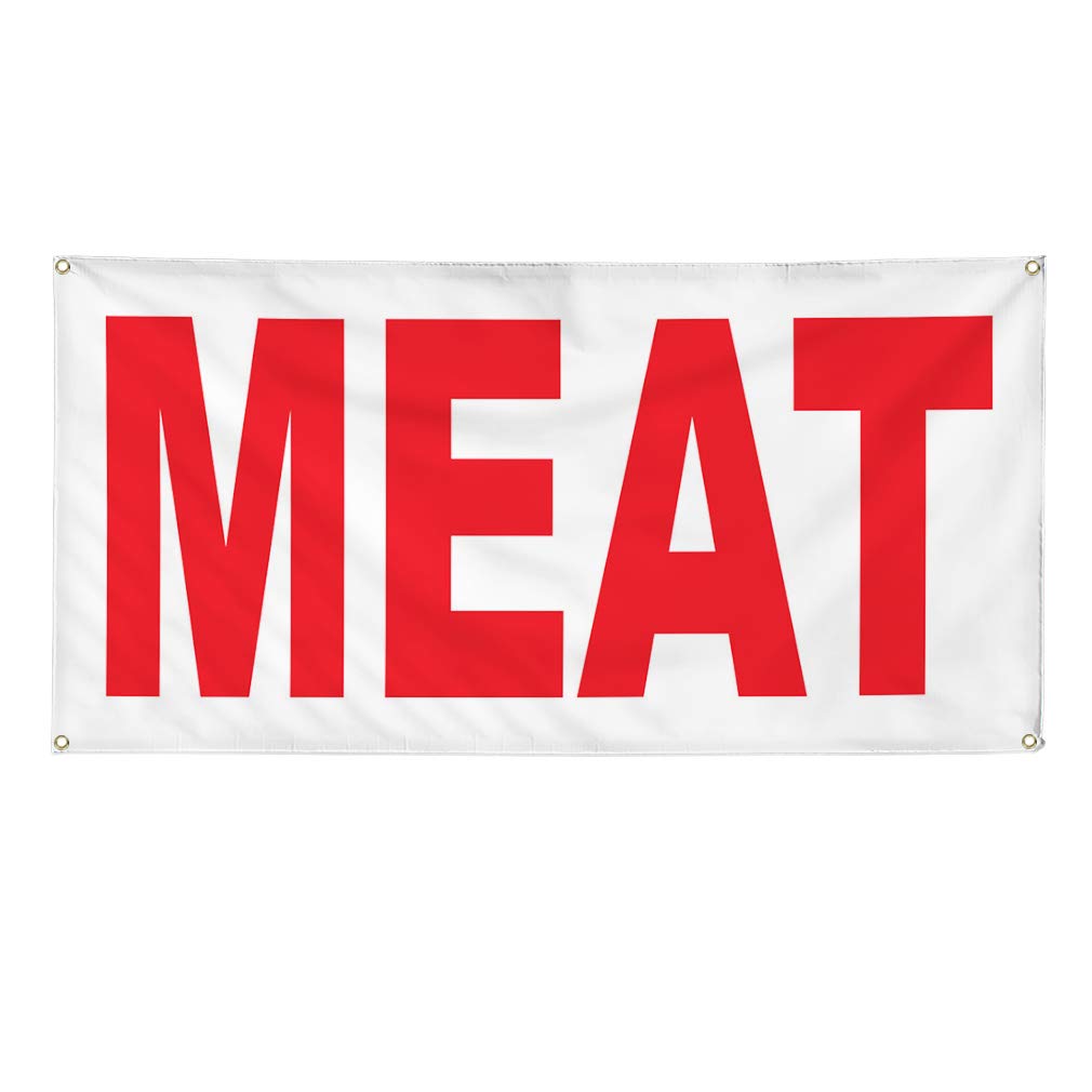 Meat Red Vinyl Banner - Weatherproof Outdoor Restaurant & Food Truck Sign - Multiple Sizes (24x48 Inches) with 4 Grommets - Perfect for Commercial Use, Yard Sales & Industrial Signage