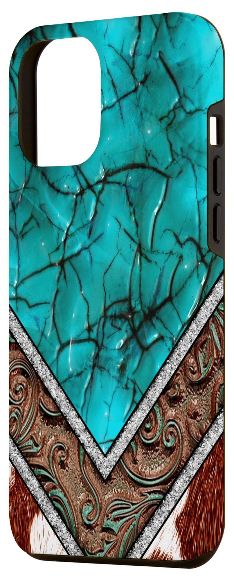 Premium iPhone 12 Pro Max Case - Genuine Western Cowhide with Turquoise & Brown Animal Print Design | Durable Protection for Work, Travel & Outdoor Adventures