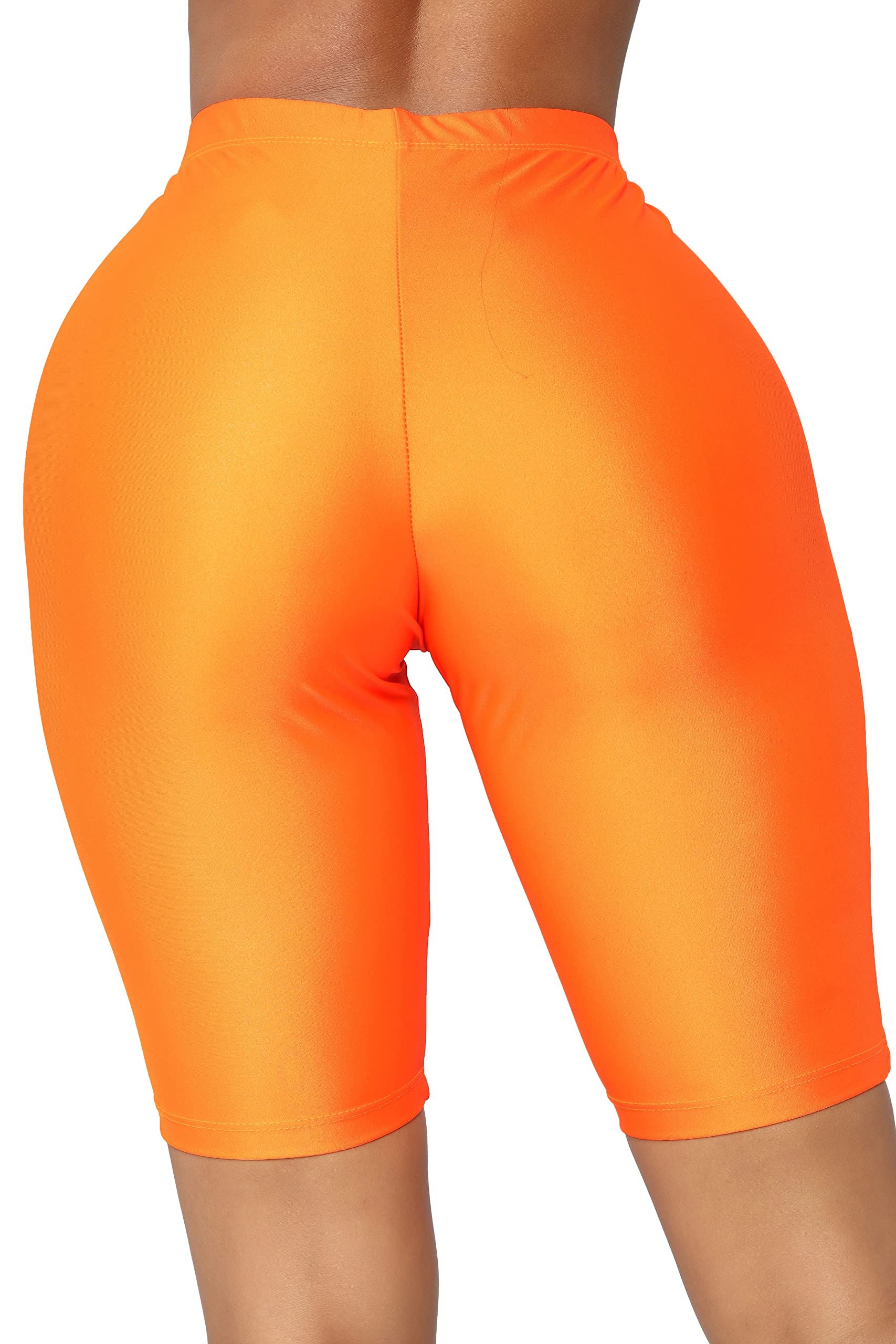Women's High-Waisted Shiny Neon Biker Shorts - Yoga Running Workout Activewear Knee-Length Leggings | Perfect for Gym, Cycling & Summer Outdoor Activities
