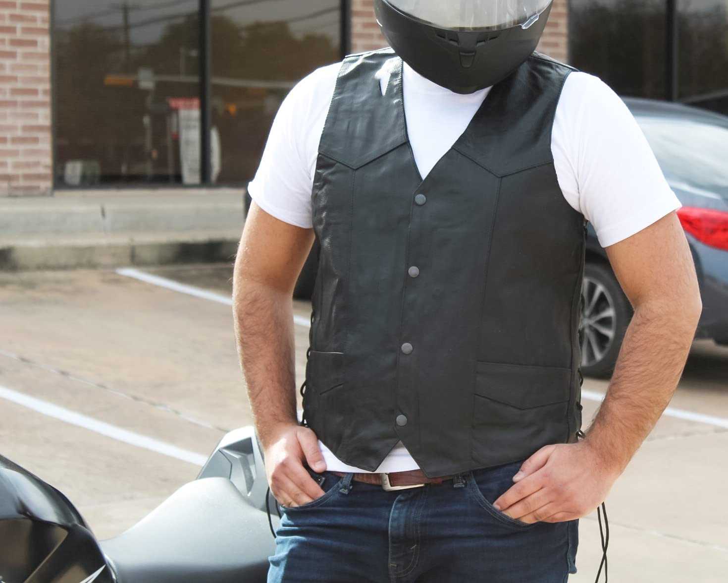 Men's Motorcycle Leather Vest with Side Laces & Concealed Carry Pockets - Classic Black Biker Jacket (Sizes S-6XL) | Perfect for Riding, Outdoor Adventures & Casual Wear