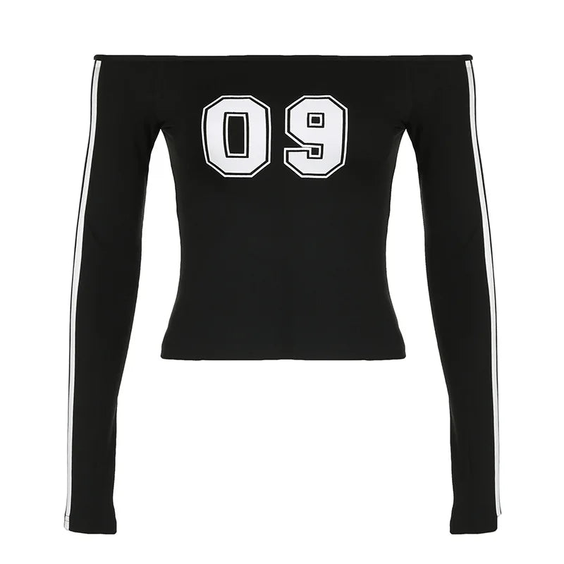 Y2K Black Cropped Tee for Women - Off Shoulder Striped Long Sleeve T-Shirt | Fall Streetwear Fashion Top | Perfect for Parties, Concerts & Casual Outfits