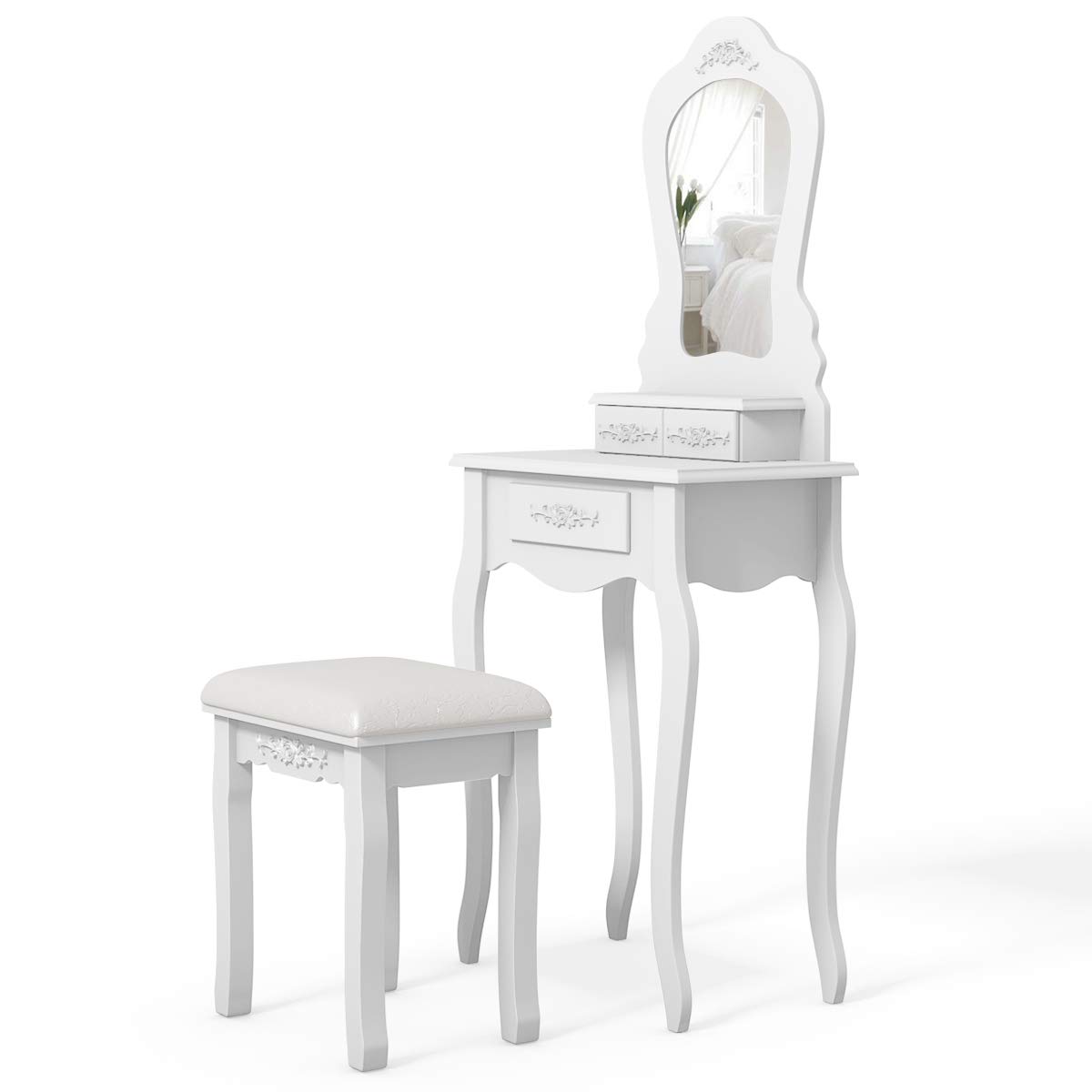 Modern White Vanity Table Set with 3 Drawers, Fan-Shaped Mirror & Cushioned Stool - Multifunctional Makeup Dressing Desk for Bedroom, Beauty Salon & Home Decor | Perfect for Daily Makeup, Skincare & Hair Styling