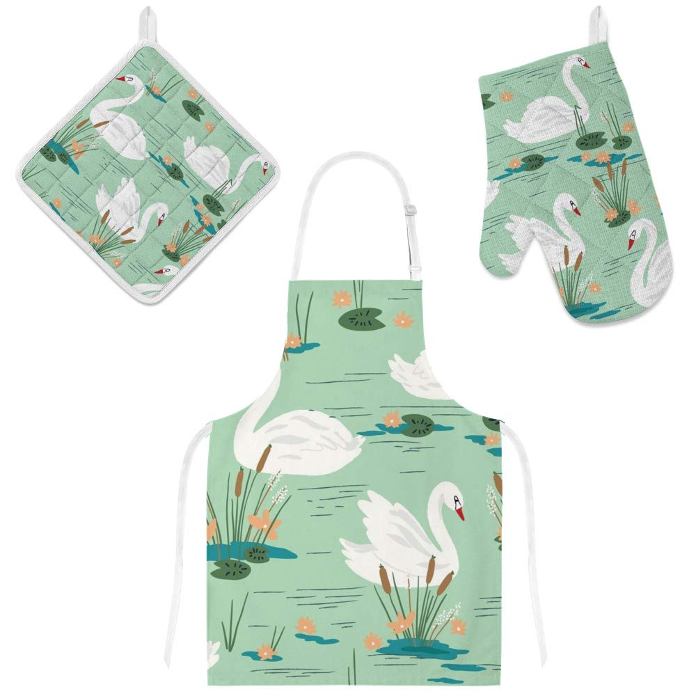 Heat Resistant Oven Mitts & Potholder Set - 3Pcs Polyester Insulated Kitchen Gloves with Non-Slip Grip for Baking, Cooking, BBQ - Beautiful Swans Design - Perfect for Home Kitchen, Grilling & Holiday Baking