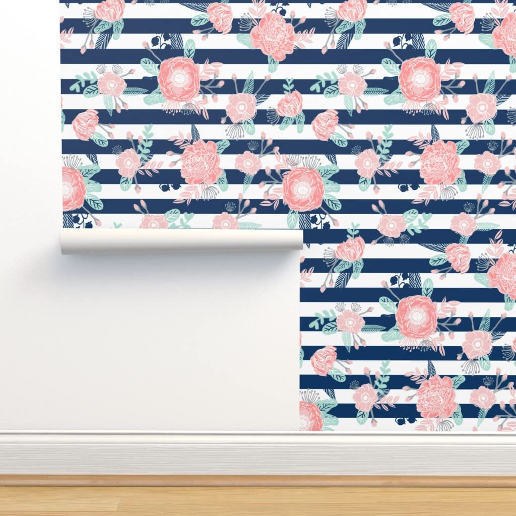 12ft x 2ft Removable Self-Adhesive Wallpaper - Striped Floral Nursery Design in Navy Blue & Pink | Peel & Stick Wall Covering for Girls Room, Baby Nursery & Home Decor | Easy DIY Application