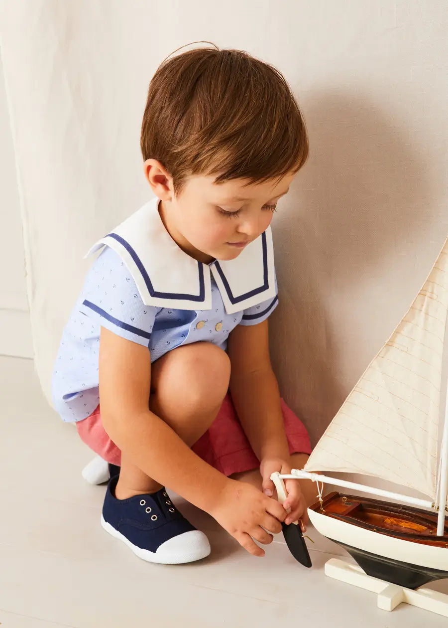 Lyall Stripe Anchor Motif Mariner Collar Short Sleeve Shirt - Blue Boys' Nautical Top (12 Months to 6 Years) | Perfect for Beach Outings, Summer Parties & Casual Wear