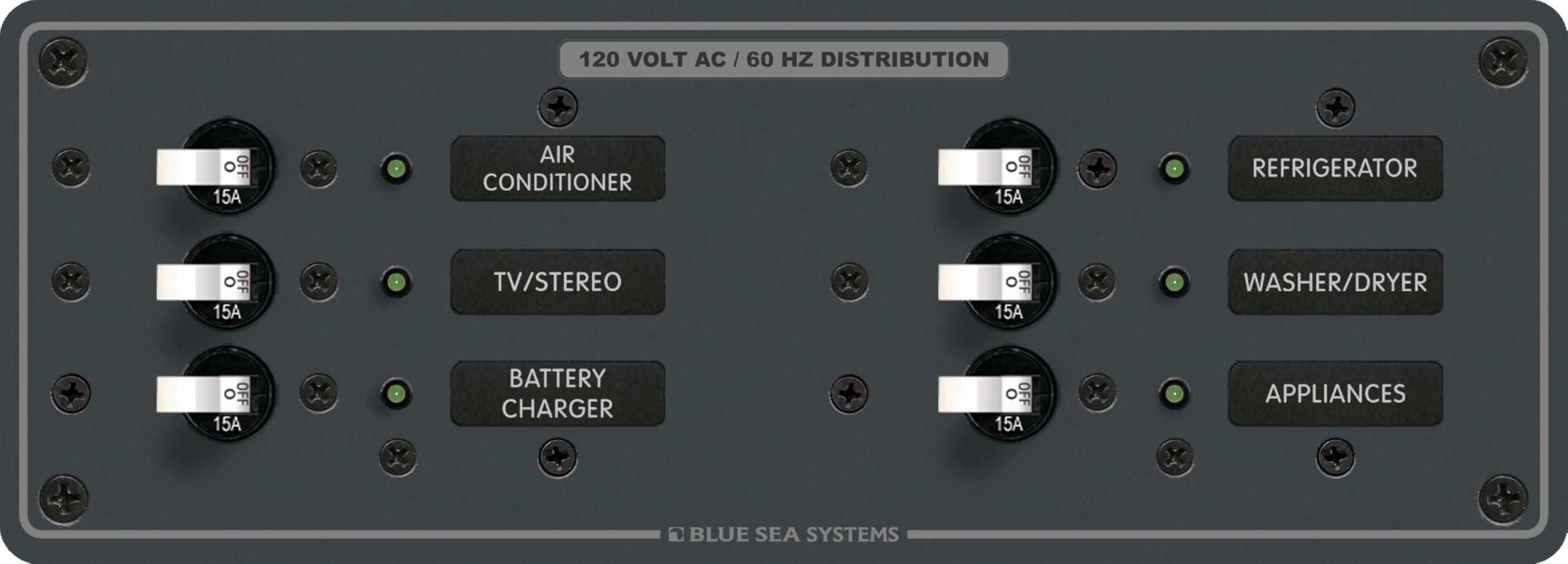 Blue Sea 8097 AC 6 Position Toggle Circuit Breaker Panel with White Switches - Marine & RV Electrical System Protection for Boats, Yachts, Campers