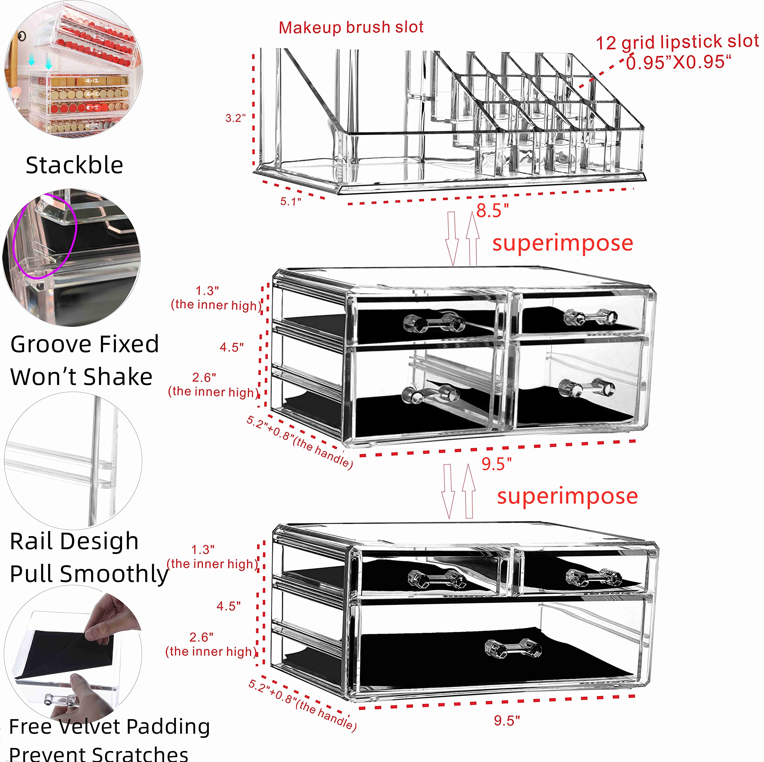 3-Pack Clear Acrylic Makeup Organizer with 7 Stackable Drawers - Vanity & Bathroom Storage for Jewelry, Hair Clips, Skincare & Beauty Products | Perfect for Bedroom, Dressing Table & Countertop Organization