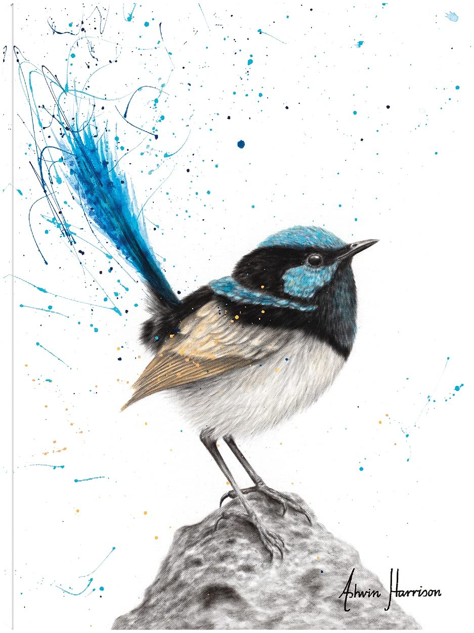 Blue Wren Fine Art Canvas Wall Decor by Ashvin Harrison - 24x32 Inch Ready to Hang Painting for Living Room, Bedroom, Office - Nature Inspired Home Decor & Gift Idea for Bird Lovers