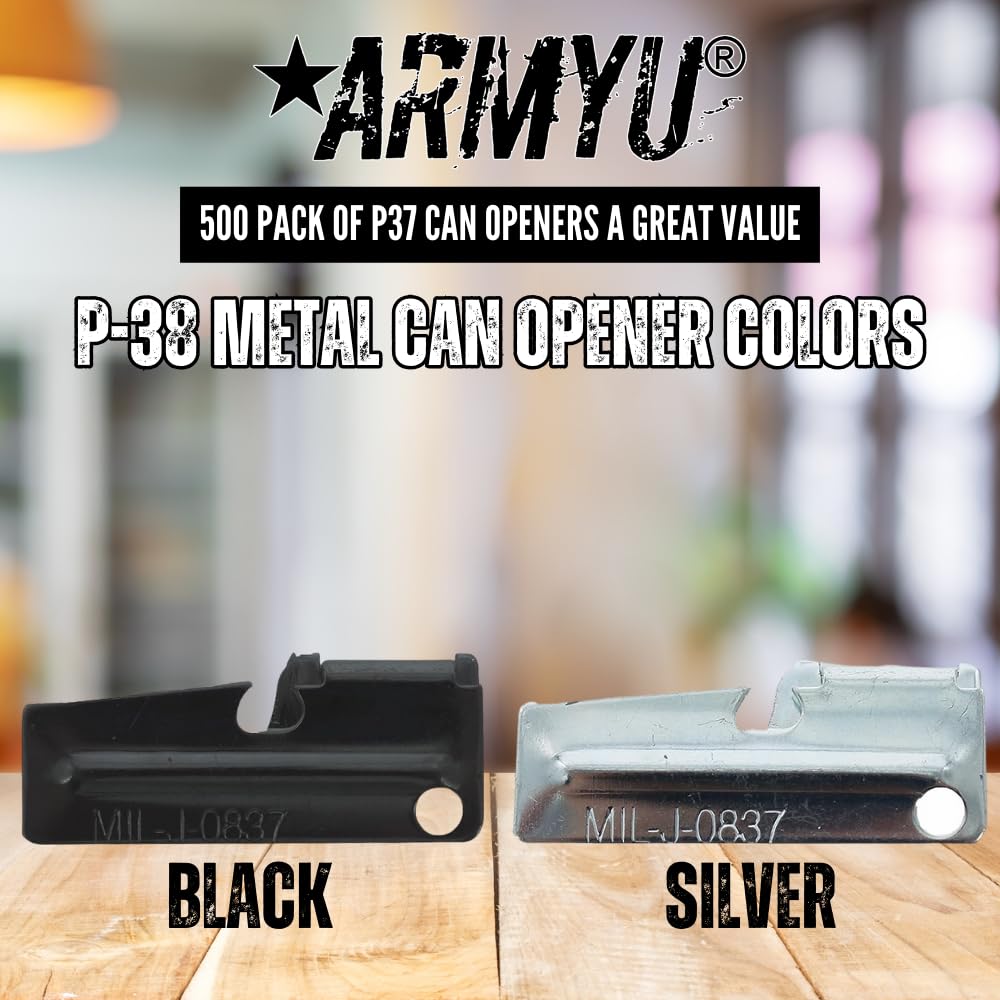 ARMYU P-38 Military Grade Metal Can Opener - Compact Steel Army Style P38 (Mil-J-0837) for Camping, Hiking & Emergency Kits - Travel Size Black (500 Pack) - Ideal for Outdoor Adventures & Survival Gear