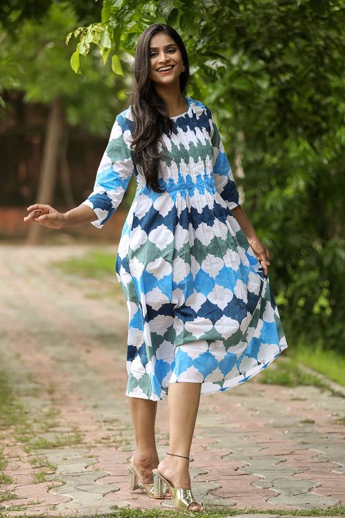 Handmade Cotton Block Printed Dress in Azure Blue - Perfect for Summer Outfits, Beach Vacations & Boho Fashion