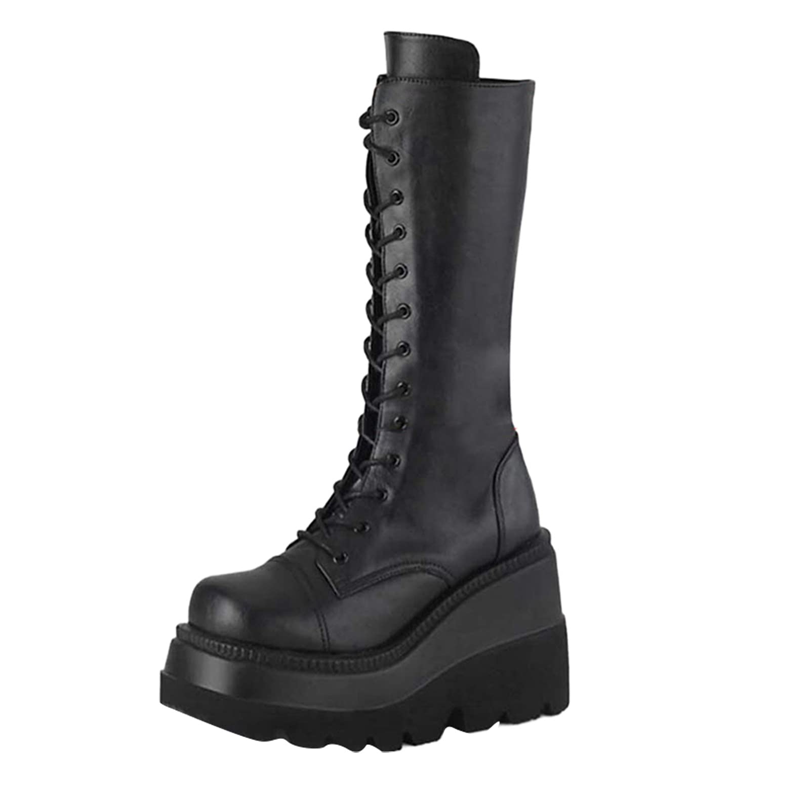 Gothic Women's Chunky Wedge Boots with Zipper - Punk Platform Mid Calf Boots for Casual Wear - Black Bunny Slippers Size 6.5 | Perfect for Halloween, Cosplay & Alternative Fashion Outfits