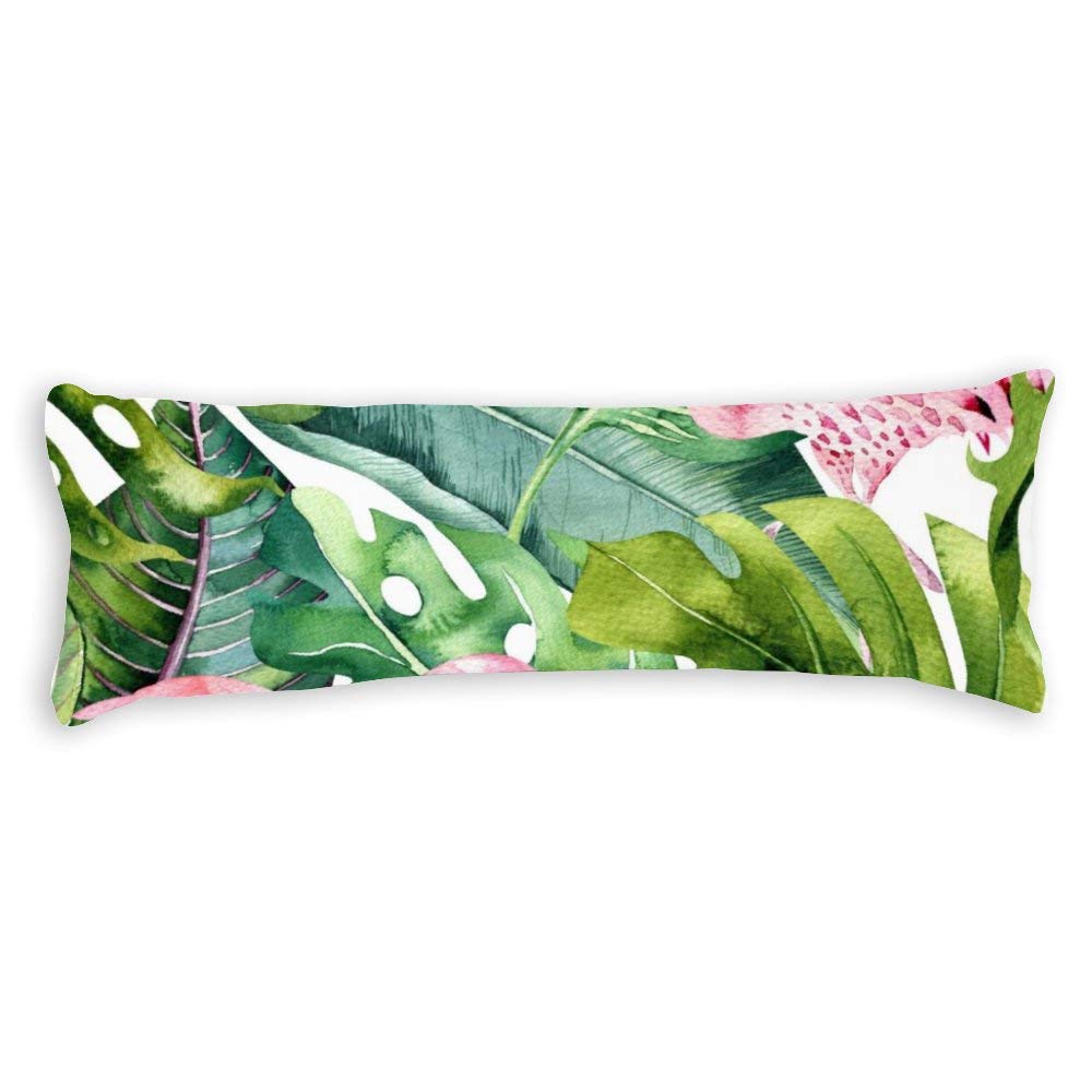 Yilooom Pink Flamingos & Tropical Palm Leaves Body Pillow Cover - 20x54 Inch Envelope Closure Double Sided Pillowcase for Sofa, Bed & Home Decor