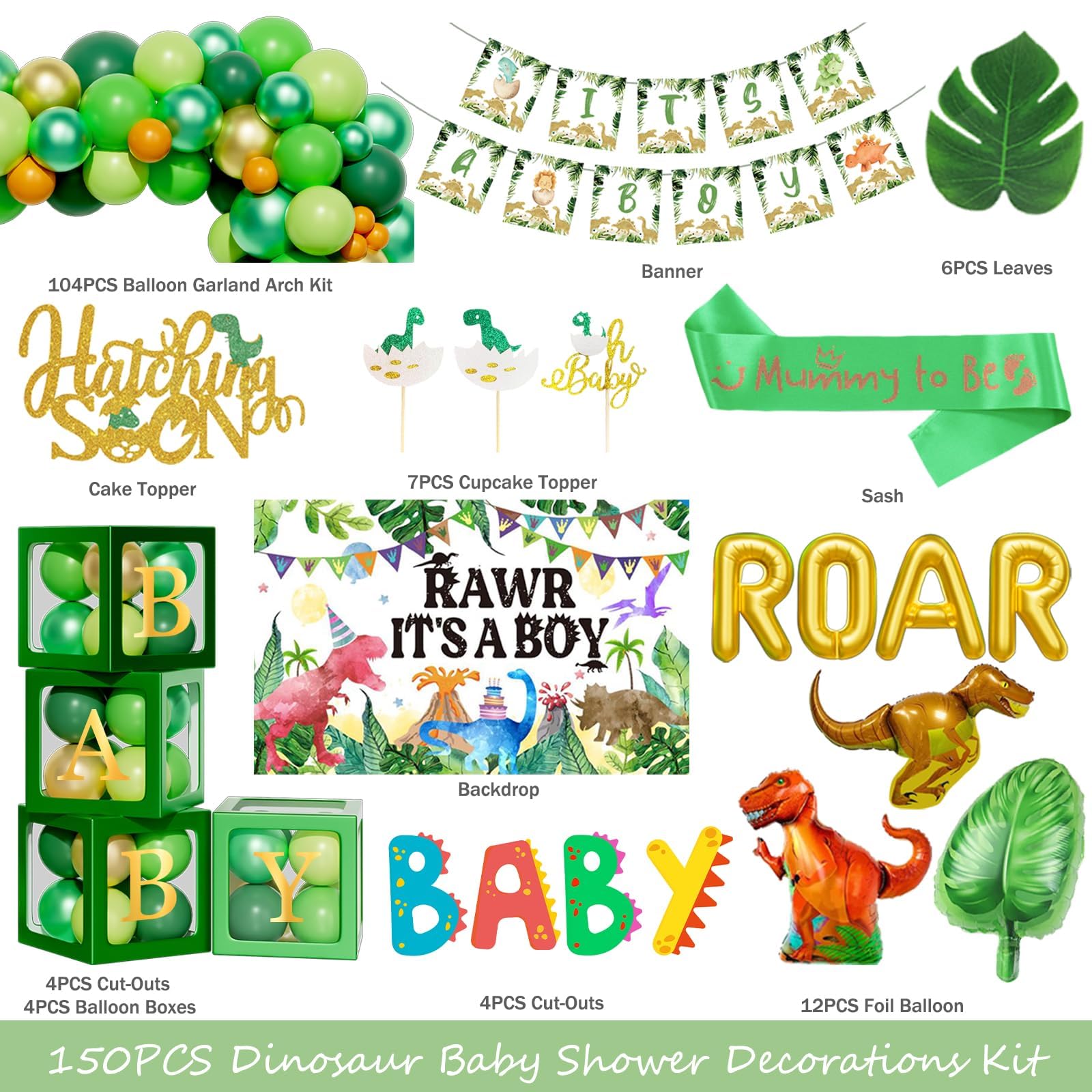 Dinosaur Baby Shower Decorations for Boys - Dino Themed Party Supplies with Backdrop, Balloon Banner, Cake Topper & Mummy Sash in Green & Gold | Perfect for Gender Reveal, First Birthday & Nursery Decor