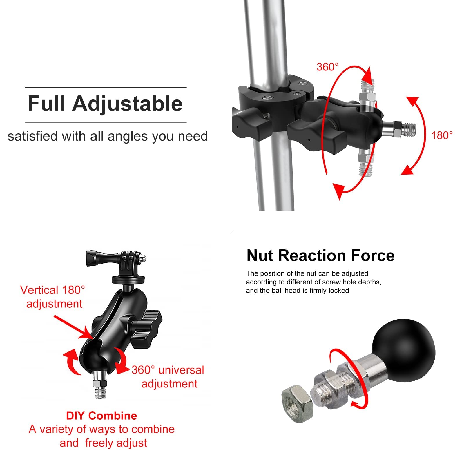 1 Inch Ball Mount Portable Tripod Ball Adapter for Motorcycle ATV - M10 x 1.25mm Threaded Bolt - Compatible with RAM Mounts (SZ-M10*2) - Perfect for Rear View Mirrors, Action Cameras & GPS Devices