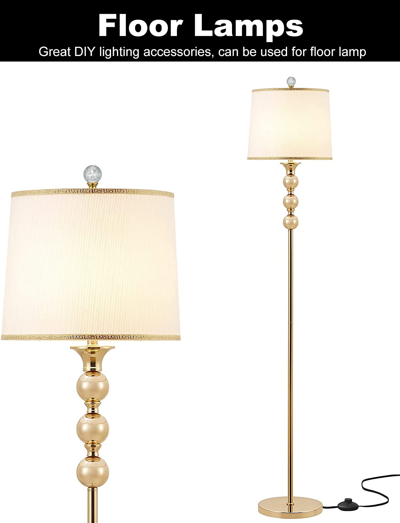 Polished Brass Crystal Lamp Finials - 2 Pack Clear Bubble Glass Ball with Screw Knob Cap - Elegant Decorative Accessories for Table & Floor Lamps - Perfect for Living Room, Bedroom, and Office Lighting Decor