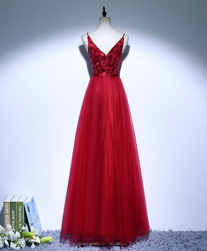 Elegant Burgundy V-Neck Tulle Long Prom Dress for Women - Formal Evening Gown for Homecoming, Wedding Guest & Special Occasions