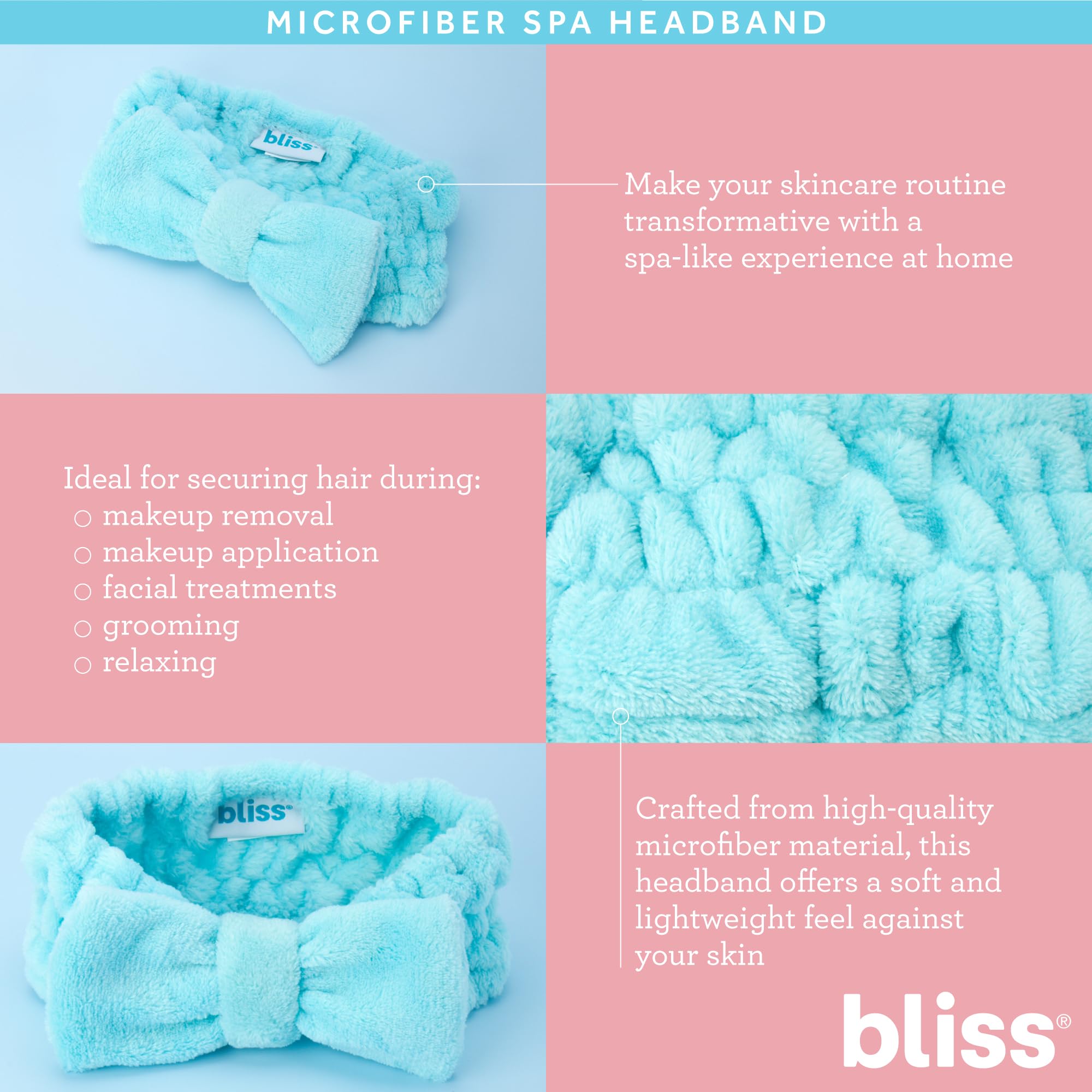 Bliss Women's Spa Headband - 2 Pack Soft Microfiber Hair Wrap for Face Washing, Skincare, Makeup & Shower - Adjustable Elastic Headband with Bow for Women & Teens | Perfect for Spa Days, Bathroom Routine & Hair Care