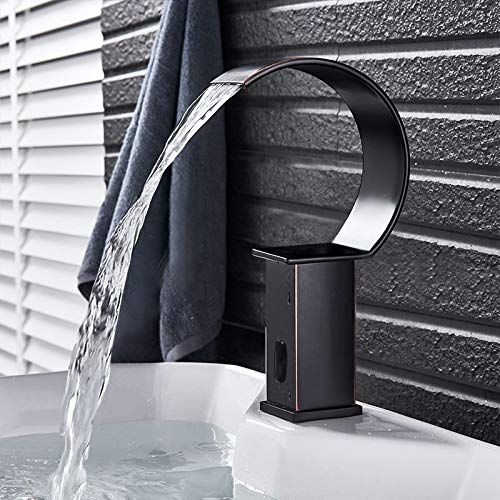 BS-WBT7876 Touchless Automatic Motion Sensor Faucet - Waterfall Brass Deck Mount Faucet with Hot & Cold Water - Oil Rubbed Bronze Finish for Modern Bathroom & Kitchen Sink | ADA Compliant, Water-Saving Design