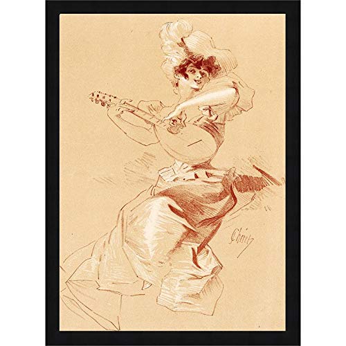 Original 1895 Jules Cheret Lady with Guitar Art Print - 34x46 Inch Wood Framed Vintage Wall Decor - Perfect for Living Room, Bedroom & Office