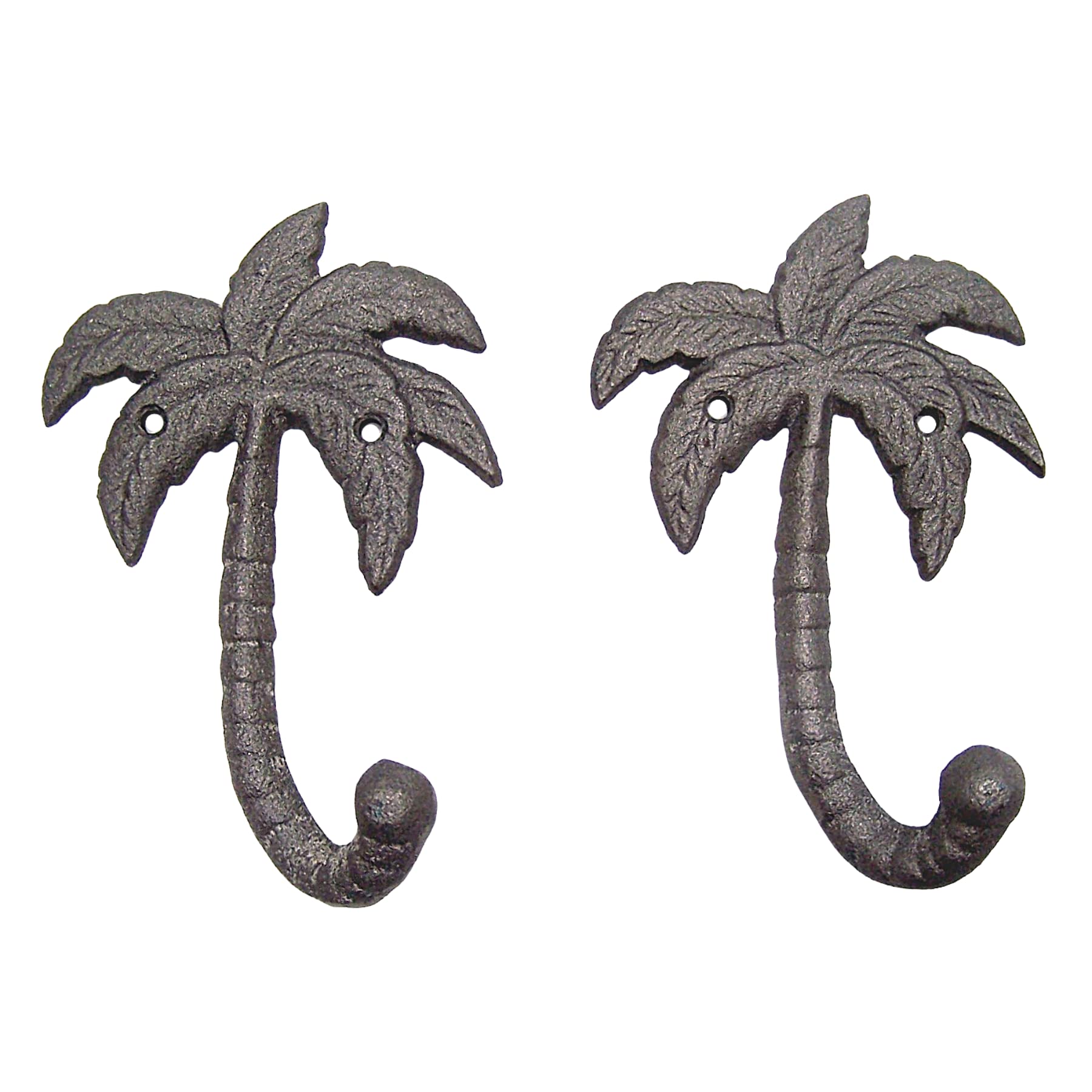 Palm Tree Cast Iron Wall Hooks - Set of 2 Gray Wall Mounted Hooks for Coats, Bags, Towels & Hats - 6.5 Inch Beach Themed Wall Decor - Perfect for Bathroom, Entryway & Coastal Home Decor
