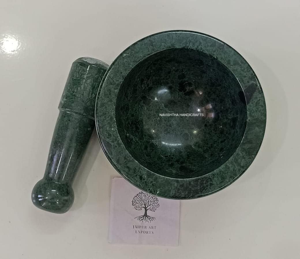 Jaipur Art Exports Large 5-Inch Natural Stone Mortar and Pestle Set - Traditional Spice Grinder, Herb Crusher & Okhli Masher for Kitchen - Perfect for Grinding Spices, Herbs, Garlic & Making Pastes (Green Rich Polish)