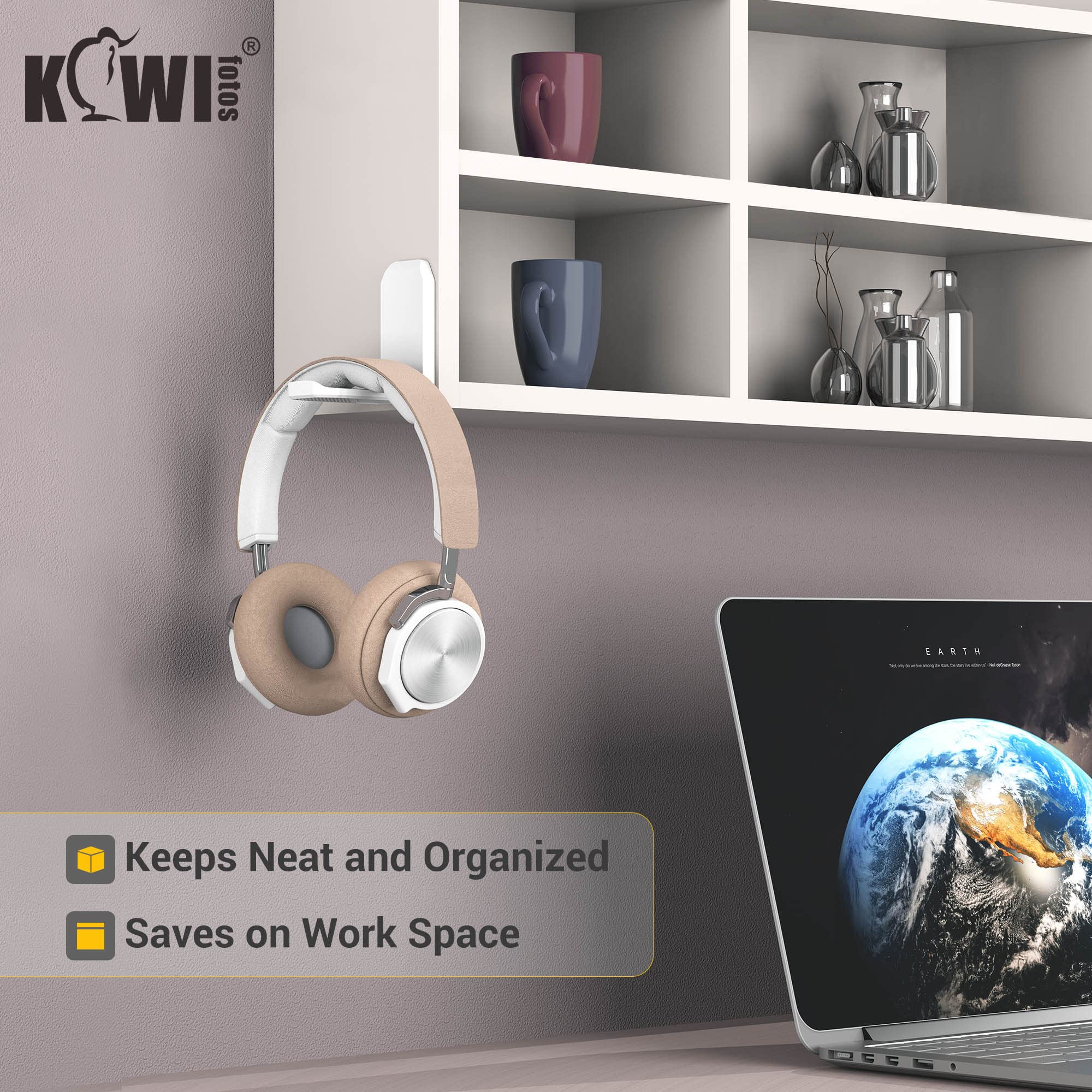 KIWIFOTOS 2-Pack White Adhesive Headphone Hanger - Under Desk & Wall Mountable Foldable Hook for Gaming Headsets, PC Accessories | Perfect for Home Office, Gaming Setup & Workspace Organization