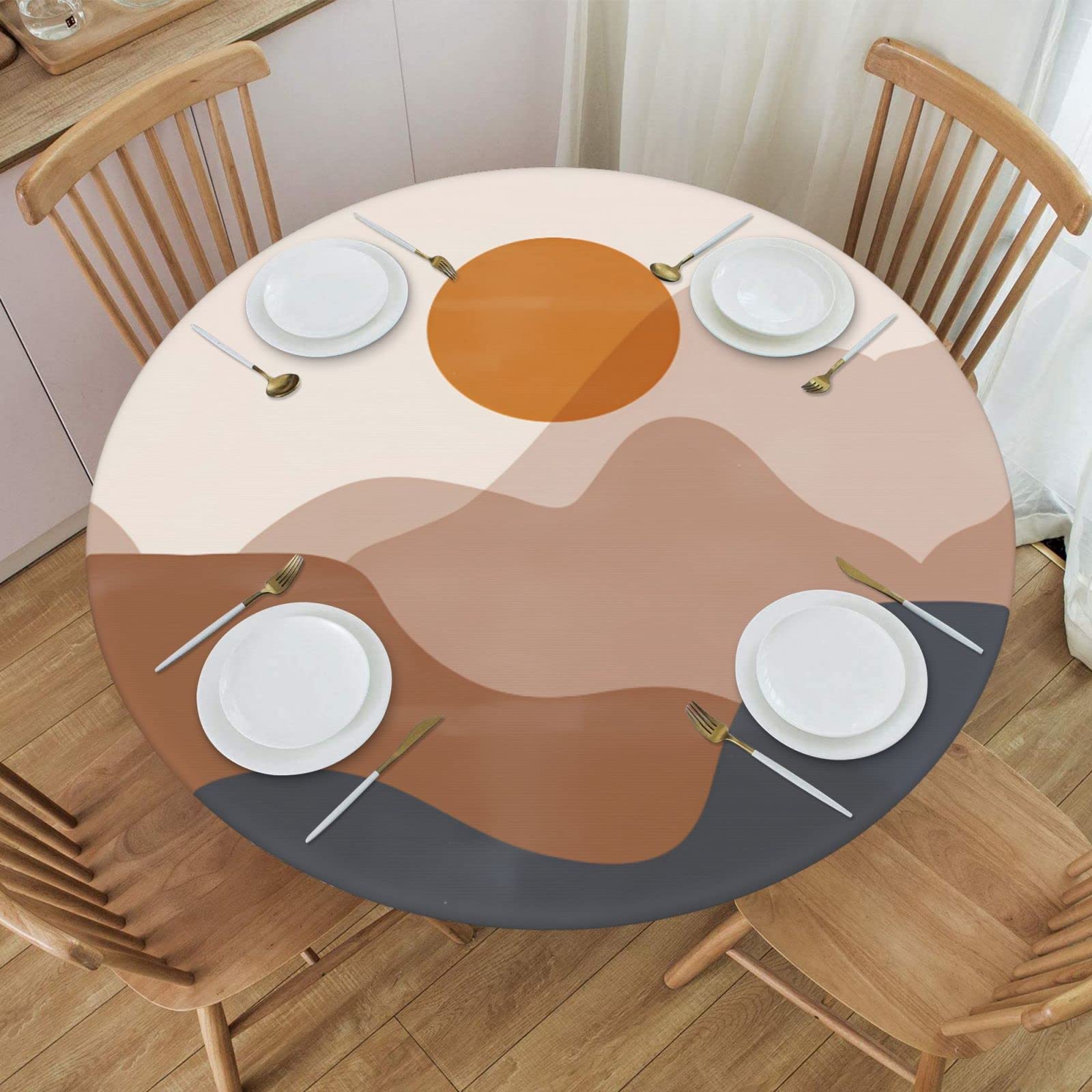Vintage Mid Century Sunset Mountain Print Boho Round Elastic Fitted Tablecloth - Stretchy Table Cover for 40-44 Inch Tables - Perfect for Bohemian Dining, Outdoor Picnics & Farmhouse Decor