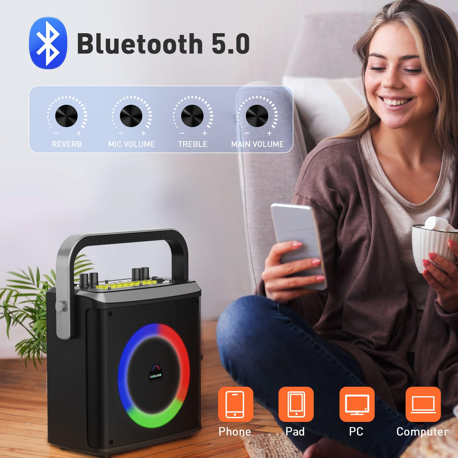 Portable Bluetooth Karaoke Machine with 2 Wireless Microphones & LED Lights - PA System Supports TF Card/USB/AUX - Perfect for Home Parties, Family Gatherings & Kids Entertainment (Black)