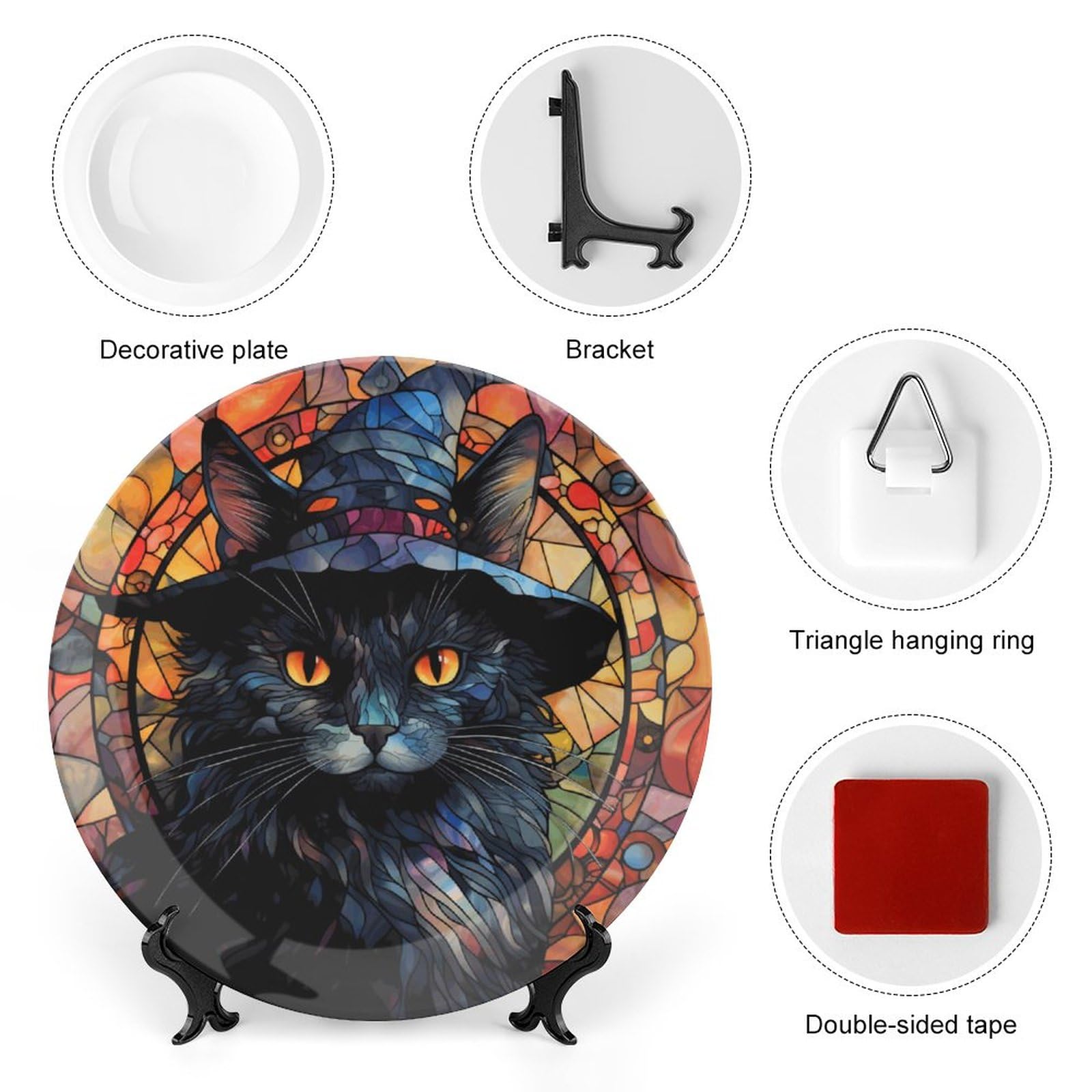 Halloween Decorative Wall Hanging Plates - Black Cat Witch Hat Ceramic Plate with Stained Glass Print & Display Stand, 10 Inch Farmhouse Round Tray for Kitchen Cabinets - Perfect for Spooky Home Decor, Halloween Party Table Settings & Gothic Interior Design