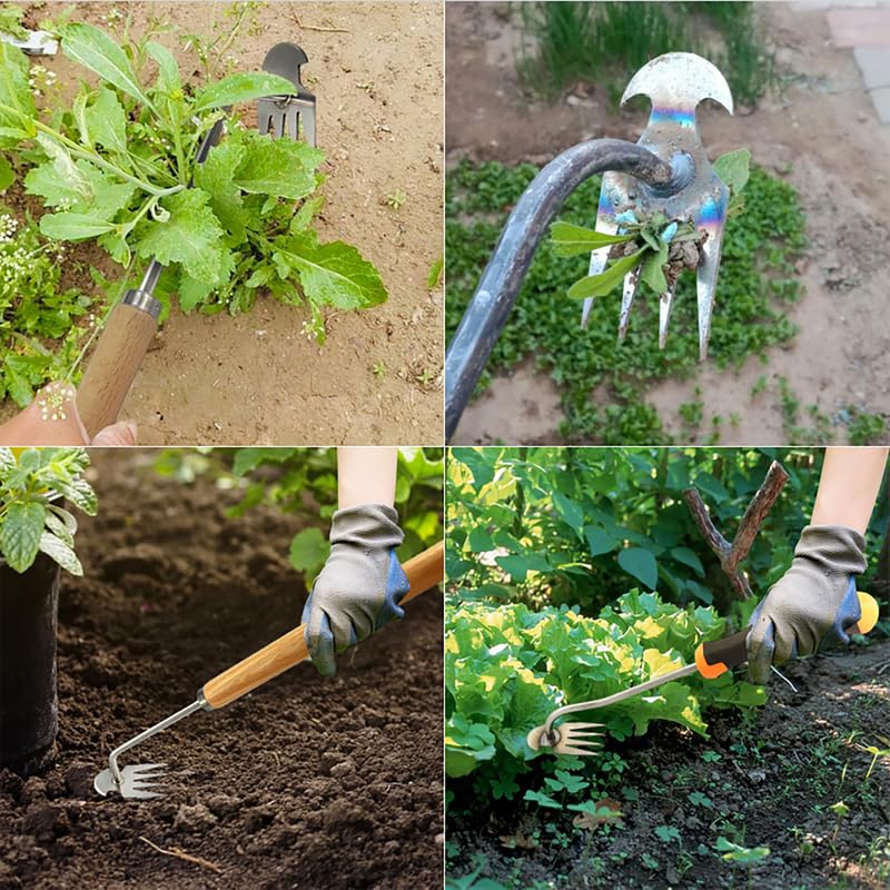 2024 Upgraded 4-Toothed Dual-Purpose Manual Weeding Tool - Manganese Steel Garden Hand Weeder with Ergonomic Handle for Efficient Weed Removal | Perfect for Home Gardens, Lawns, and Flower Beds