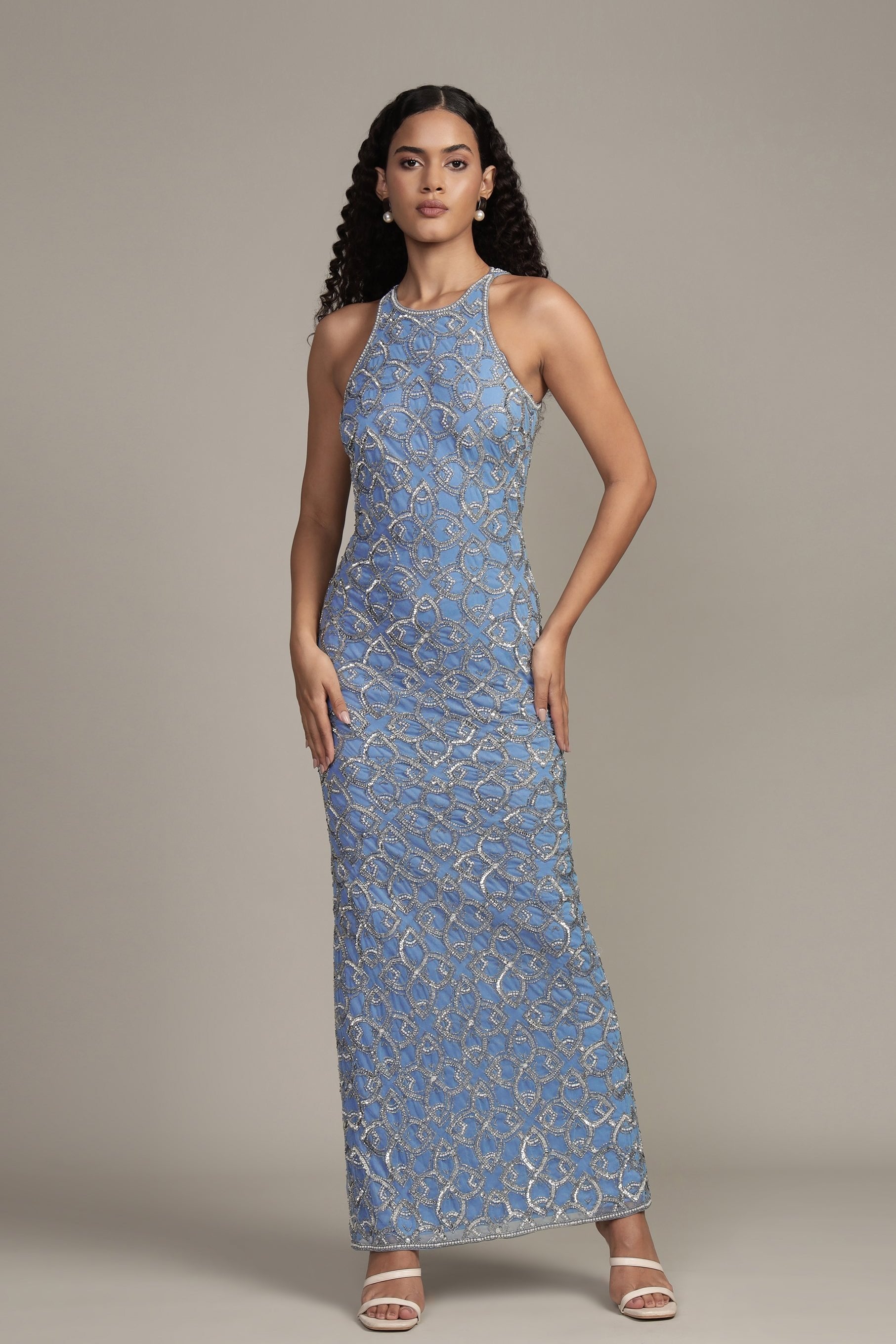 Maddox Embellished Maxi Dress in Powder Blue | Elegant Long Formal Dress for Women | Perfect for Weddings, Parties & Evening Events