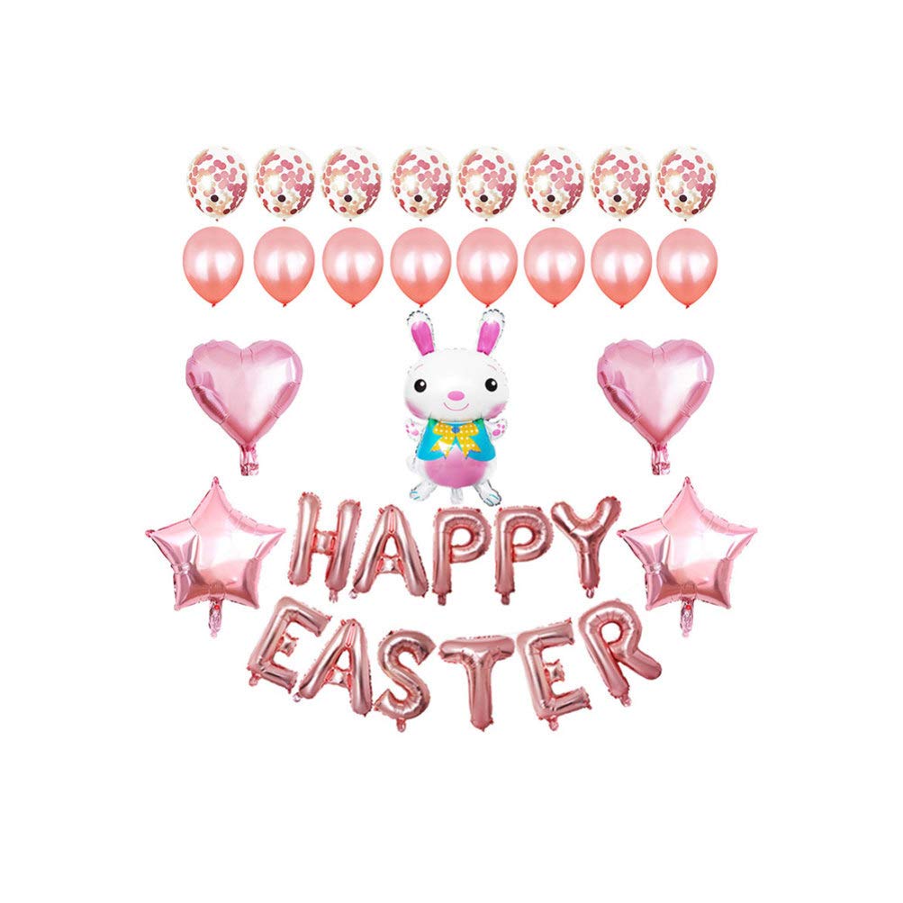 PRETYZOOM 32pcs Easter Balloon Set - Happy Easter Letter Balloons, Bunny Rabbit & Heart Star Balloons with Glitter Confetti for Easter Party Decorations (Rose Gold) | Perfect for Easter Egg Hunts, Spring Celebrations & Home Decor