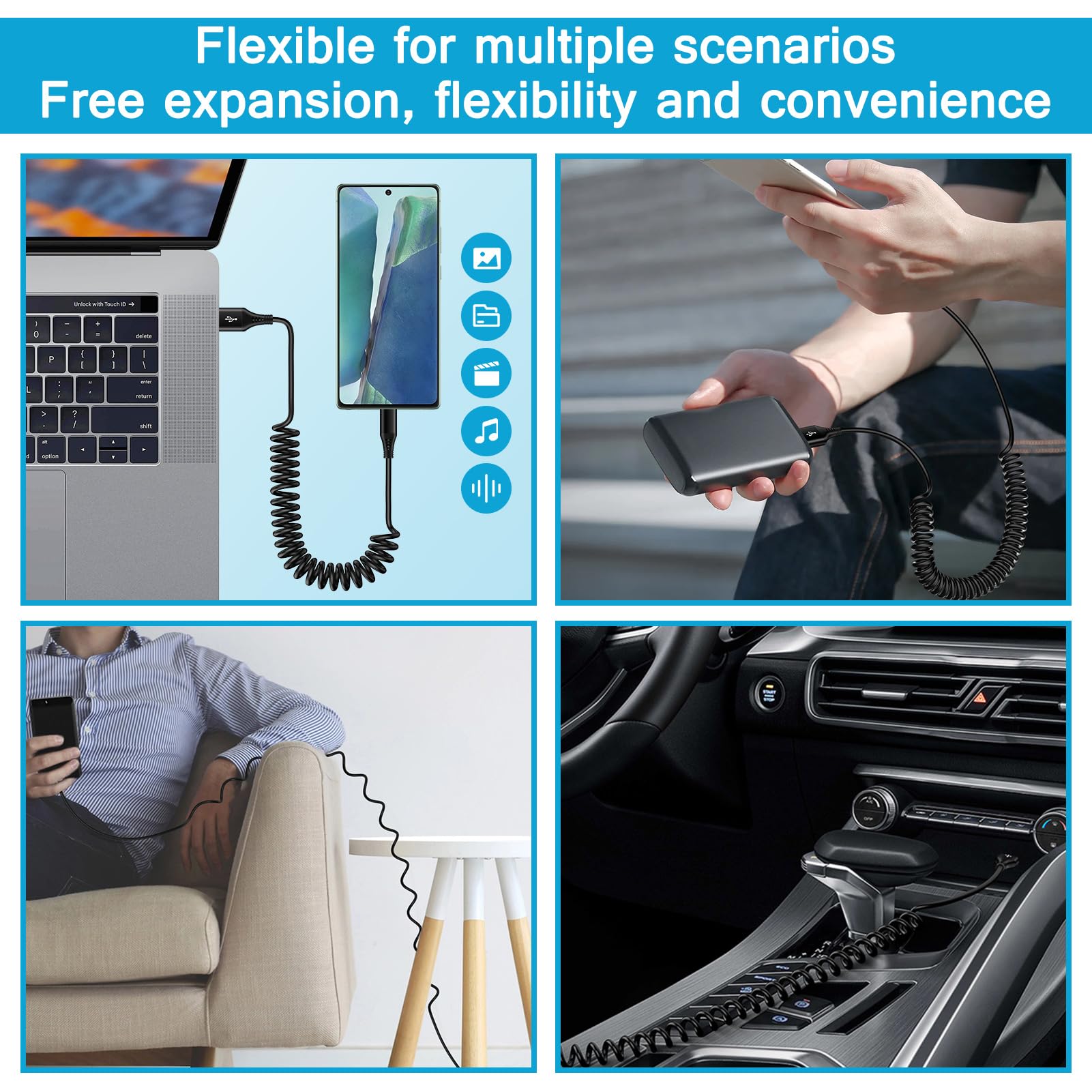 Samsung S24 Ultra FE Coiled USB C to USB A Fast Charging Cable - 3FT Retractable Charger Cord for Galaxy S24+/S23/S22/S21/S25+, iPhone 16/15 Pro Max Plus, Google Pixel 9/8/7/6 - Perfect for Car, Home & Travel Charging