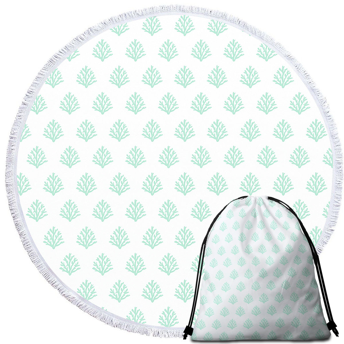 Coral Mint Round Beach Towel - Soft & Absorbent Quick-Dry Sand-Free Towel for Pool, Beach, Yoga & Outdoor Activities